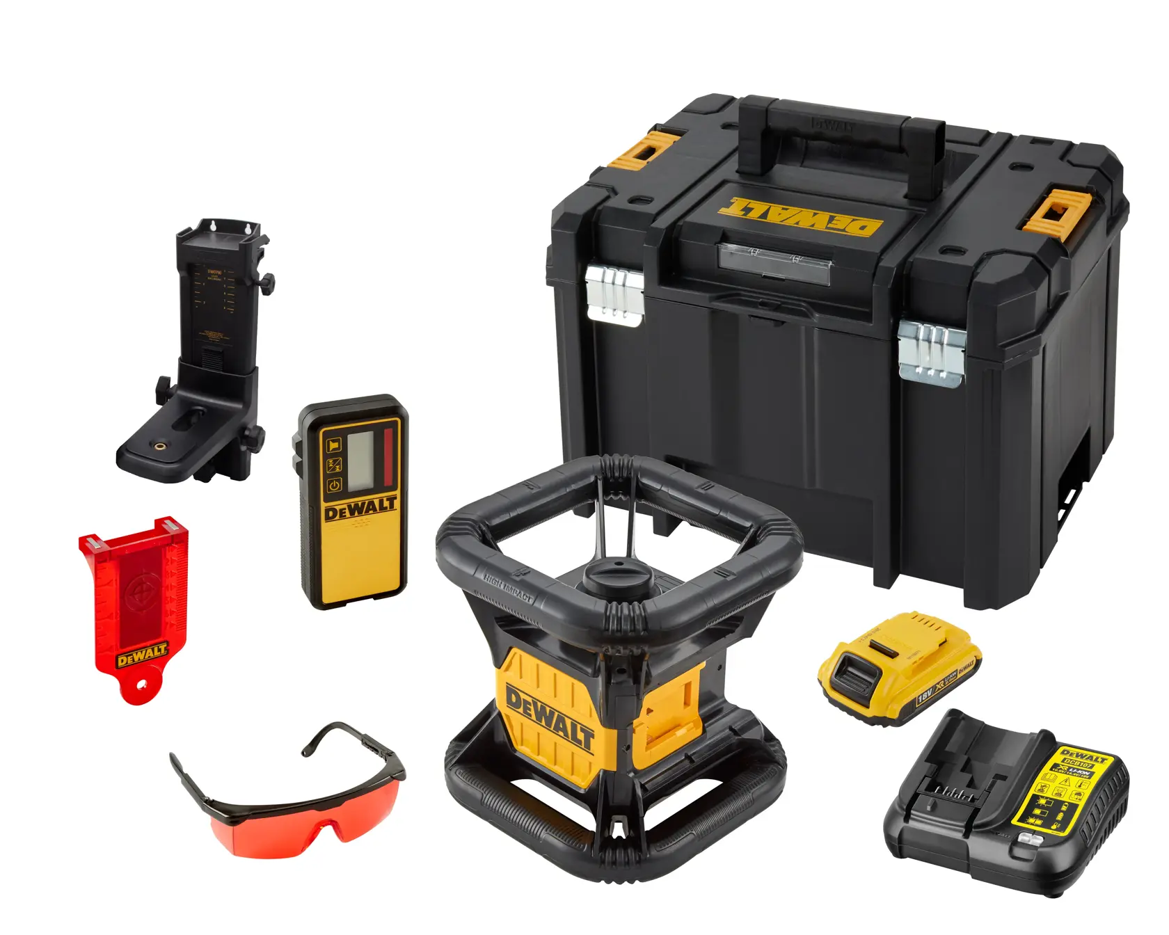 A DEWALT photography product kit including a yellow and black tripod, a large black carrying case, a measuring rod, a laser level, a battery charger, a detector, red safety glasses, and various accessories, all arranged on a white background.