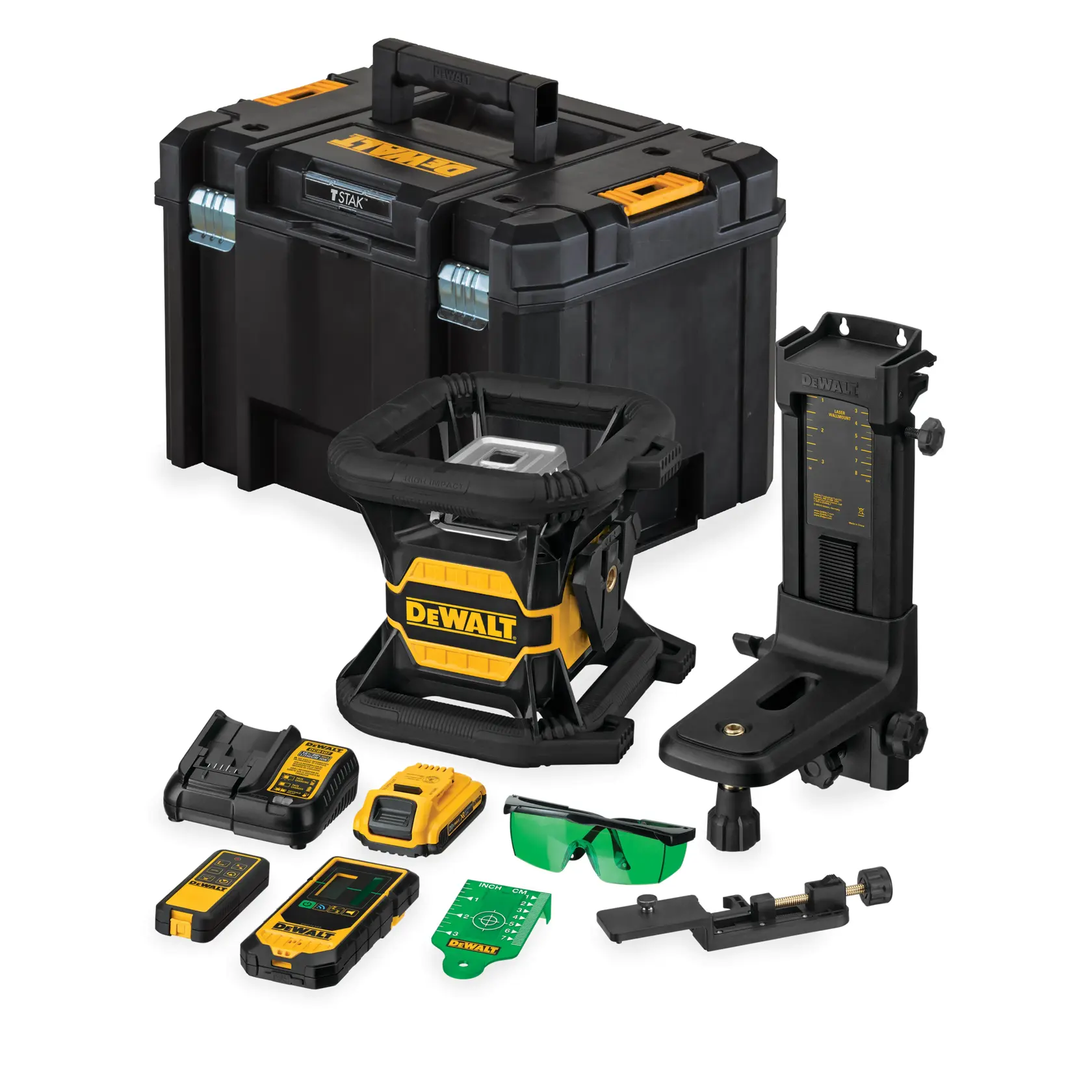 DEWALT laser level kit with case, charger, battery, mount, laser detector, and green safety glasses.