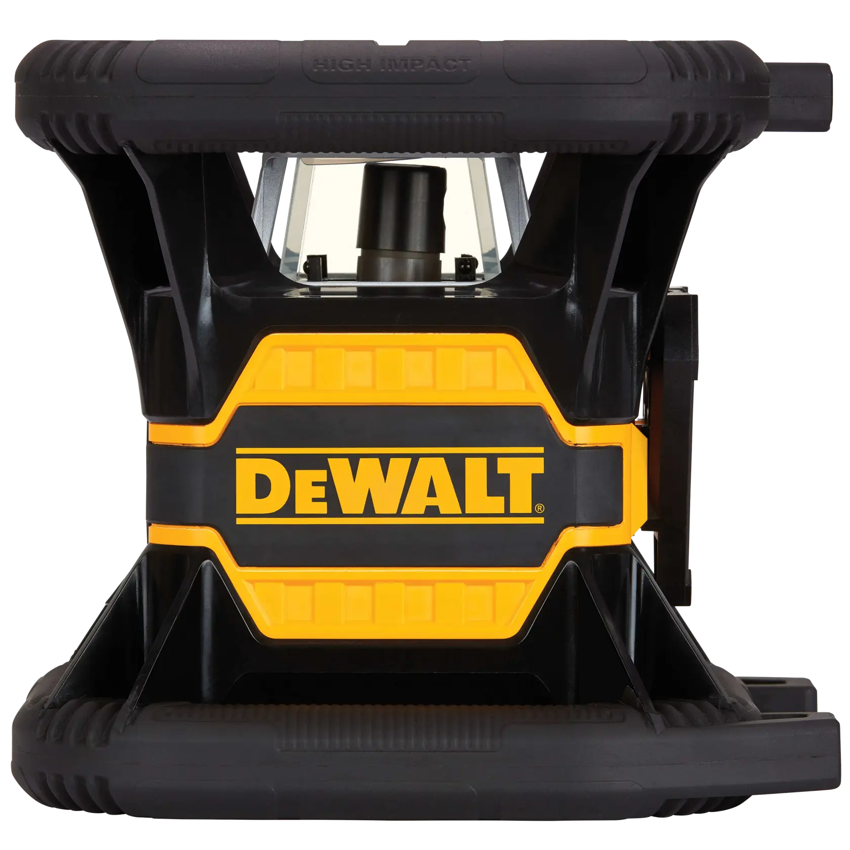 Vorderansicht eines DEWALT-Laser-Nivelliergeräts in Schwarz und Gelb mit Schutzgehäuse.