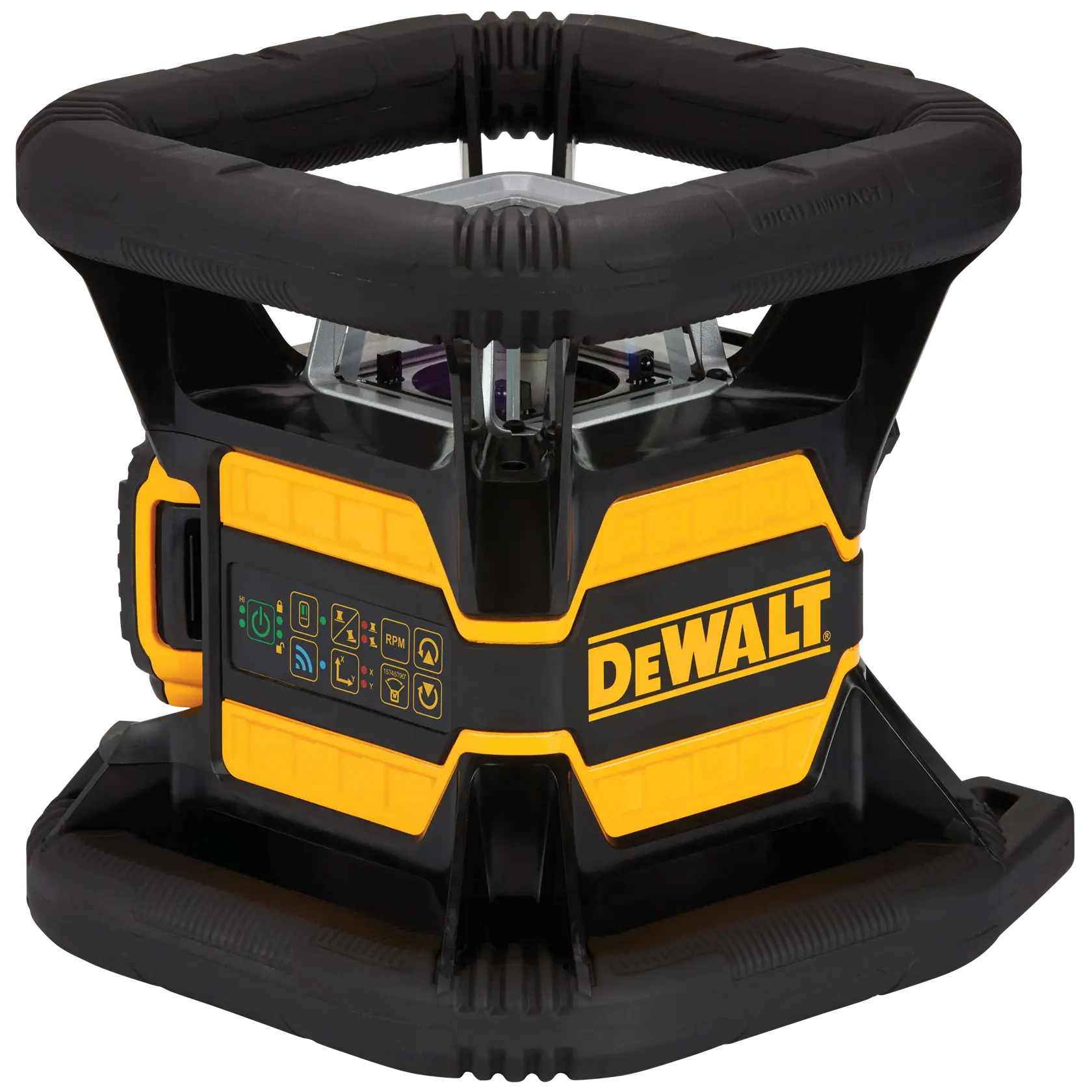 DEWALT Rotationslaser mit robustem schwarz-gelbem Gehäuse, Bedienfeld und Schutzkanten.