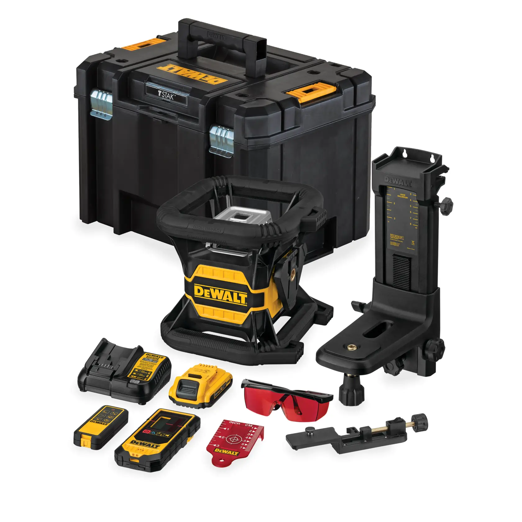 DEWALT laser level kit with case, charger, battery, mount, detector, remote, and red safety glasses.