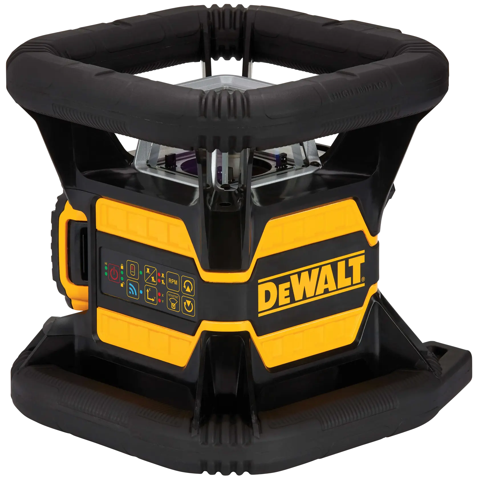 DEWALT gelb-schwarzes Rotationslasergerät mit Bedienfeld für Foto- und Vermessungsarbeiten.