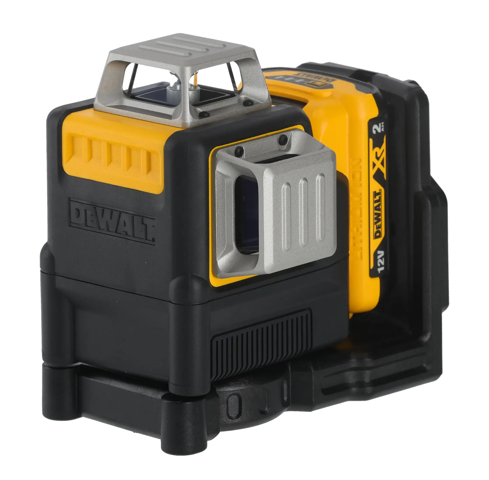 DEWALT 12V Laser-Nivelliergerät für präzises Ausrichten, gelb-schwarz mit wiederaufladbarem Akku.