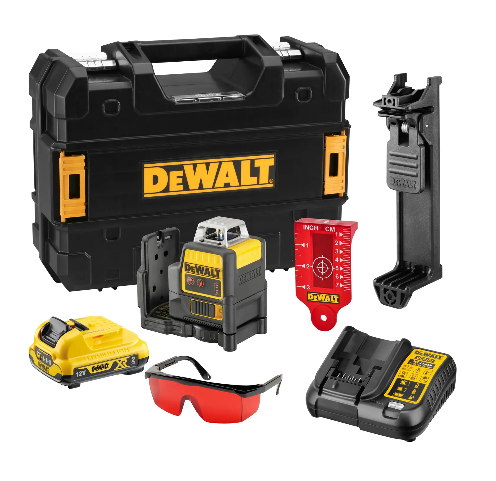 DEWALT photography product kit including a sturdy black and yellow carrying case, a laser level device, a battery, a charger, a red measuring target, a mounting bracket, and safety glasses with red lenses.