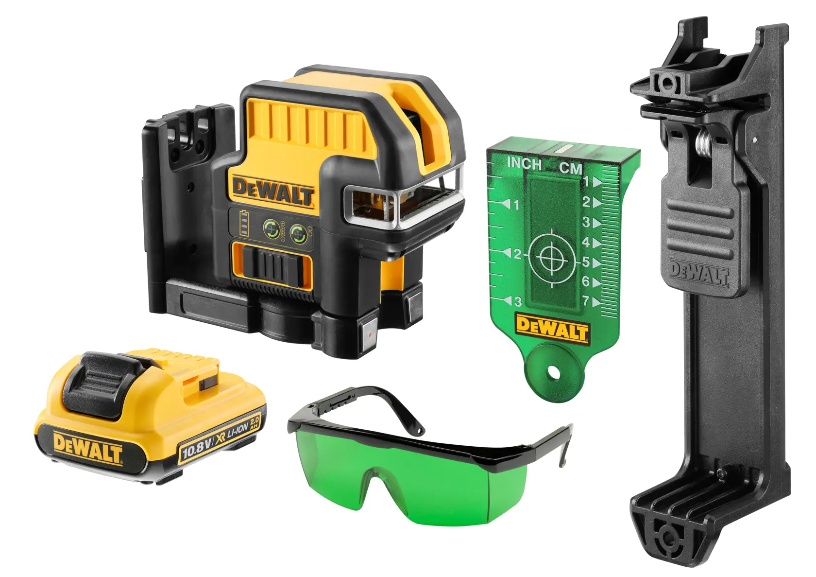 DEWALT laser level kit with laser unit, battery, glasses, wall mount, and target card, model DCE0825D1G.