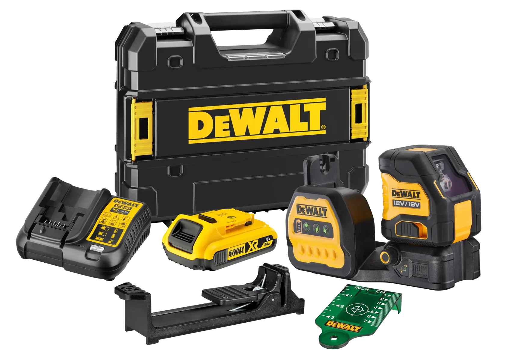DEWALT Photography device, SKUs DCE088D1G18-QW and DCE088D1G18 shown, yellow and black design.