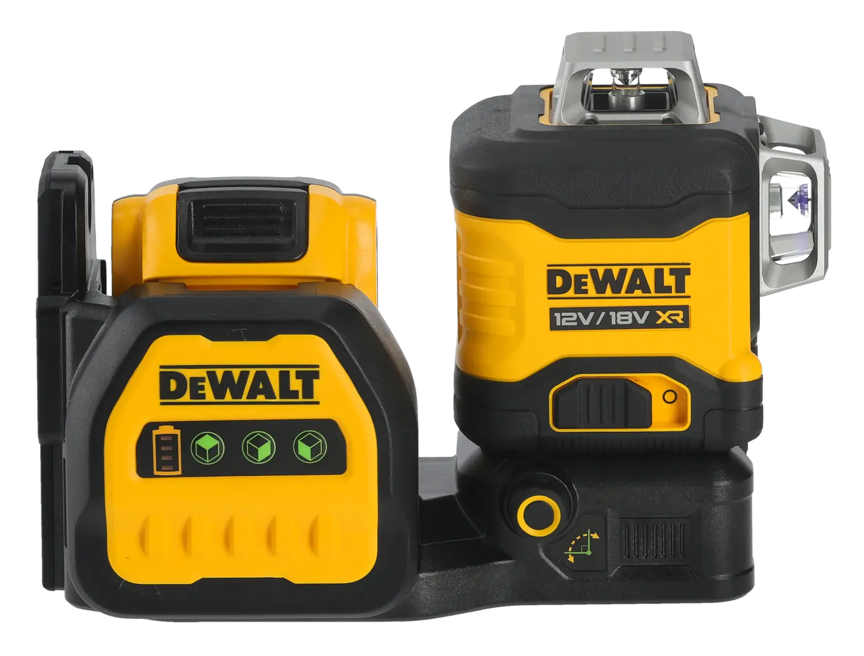 DEWALT gelb-schwarzes Laser-Nivelliergerät mit Digitalanzeige und Batterieanzeige.