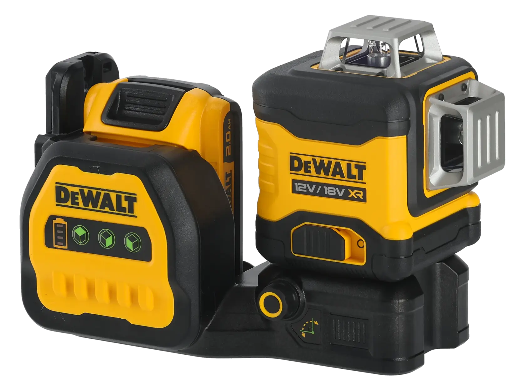 DEWALT gelb-schwarzes 12V/18V XR Laser-Nivelliergerät mit Akku für präzise Messung und Ausrichtung.