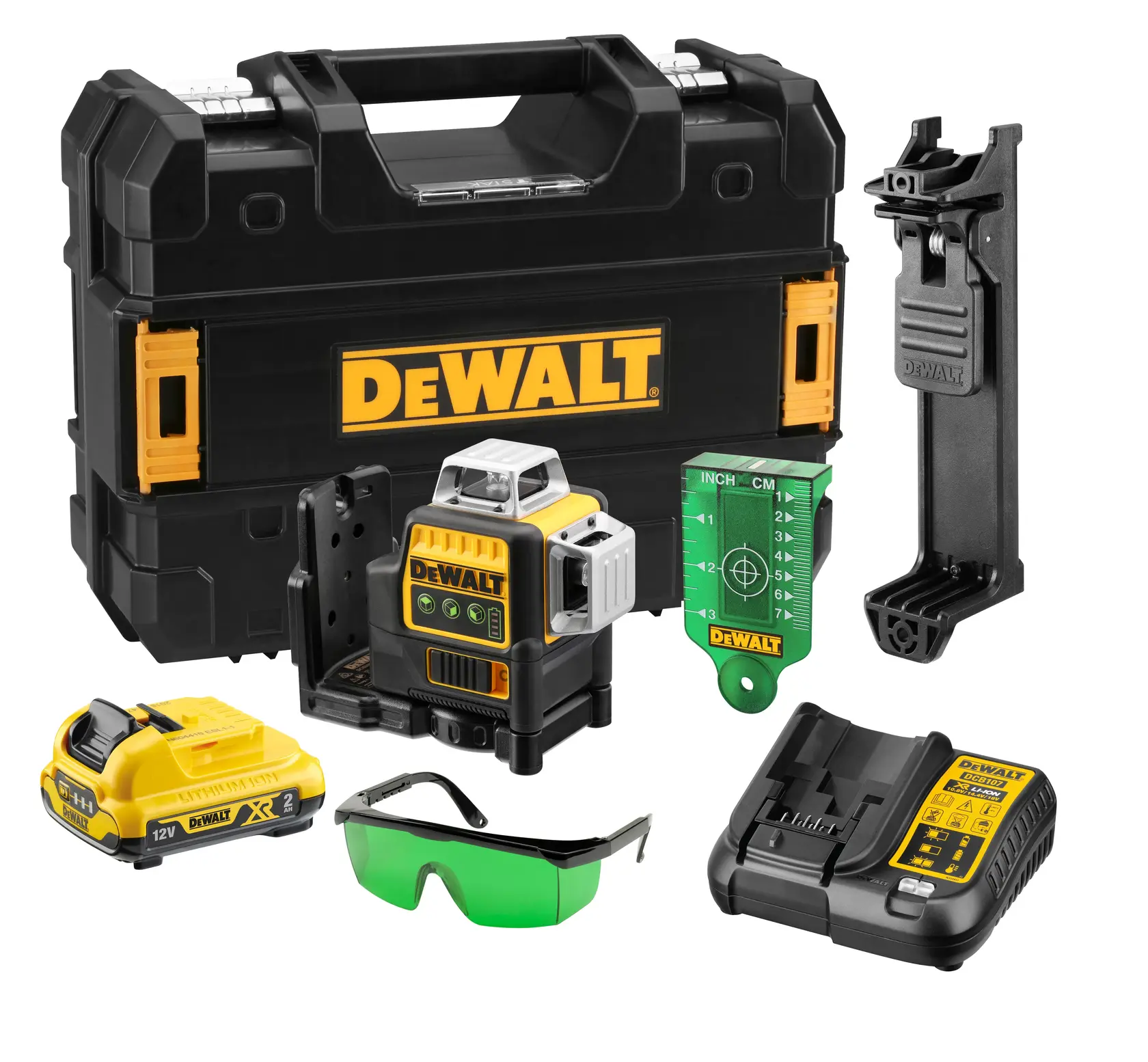 Photo of DEWALT DCE089D1G green laser level kit with battery, charger, case, mount, target plate, and safety glasses.