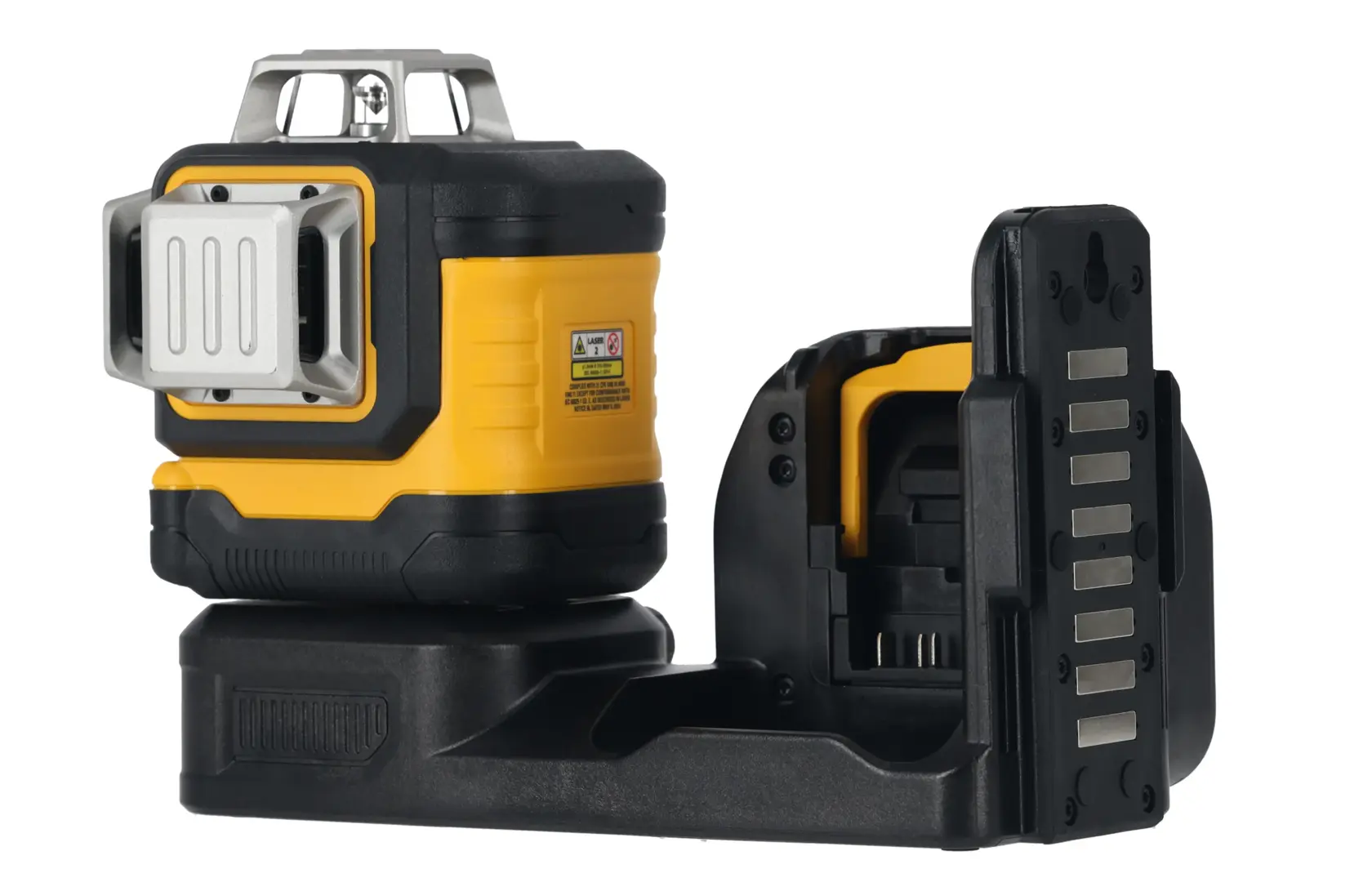 Gelb-schwarzes DEWALT-Laser-Nivelliergerät mit Halterung, auf weißem Hintergrund.