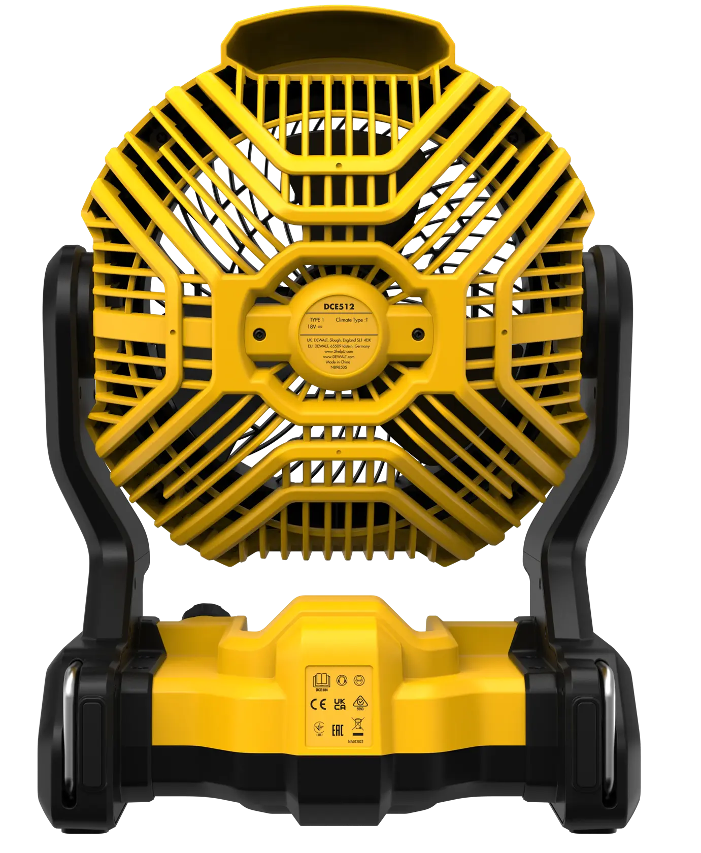 Ventilador DEWALT fotografía, DCE512N, DCE512N-XJ. Portátil, amarillo y negro, vista trasera.