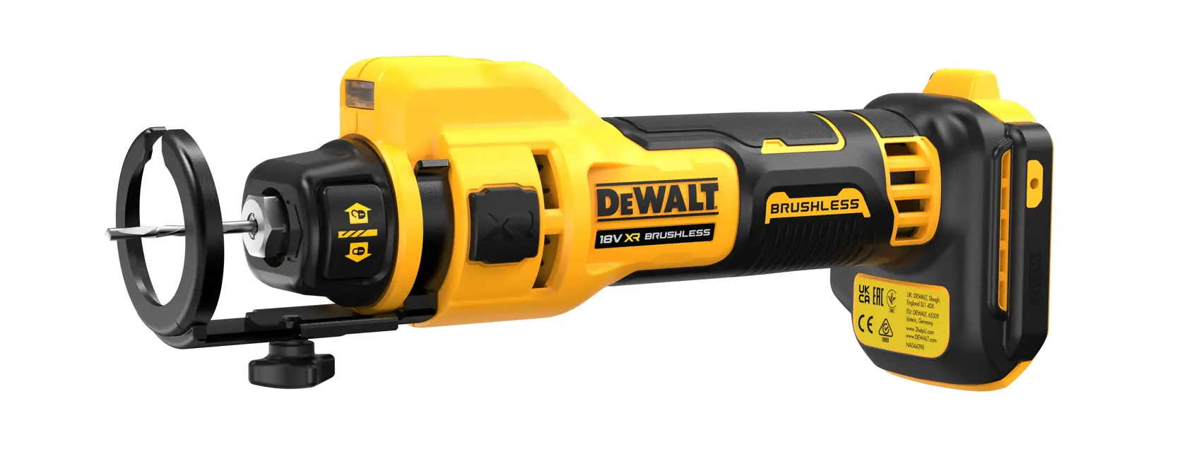 DEWALT cordless rotary tool DCE555N with brushless motor and safety guard, shown on a white background.