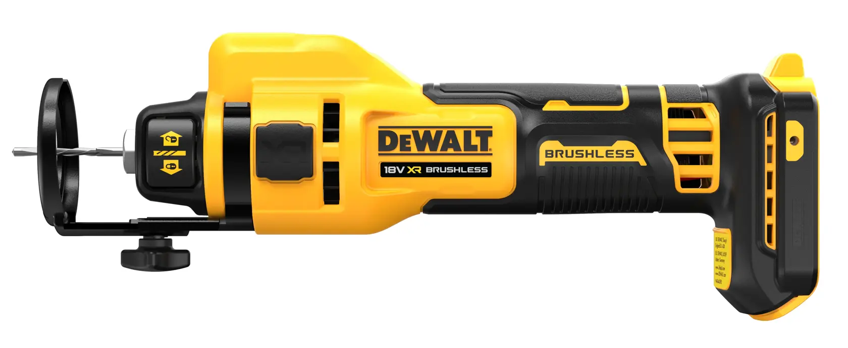 DEWALT DCE555N herramienta rotativa inalámbrica, amarilla y negra, brushless, lateral, sin batería.