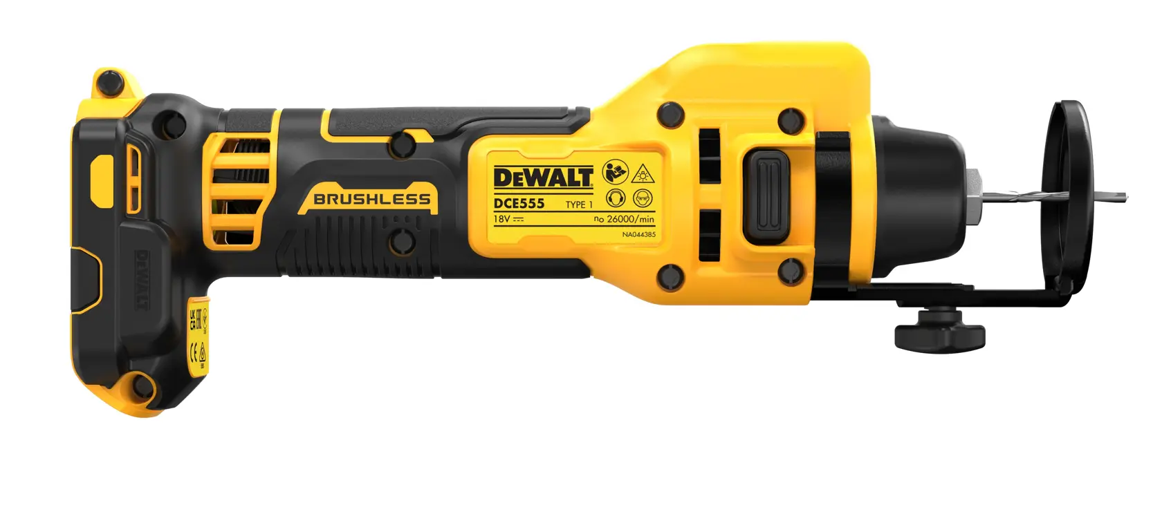 DEWALT DCE555N herramienta rotativa inalámbrica brushless 18V, amarilla y negra, vista lateral con accesorio de corte.