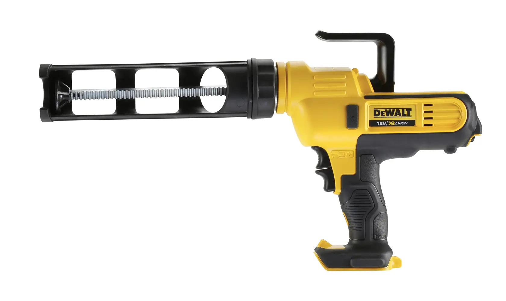 Photo of DEWALT cordless caulking gun DCE560N, DCE560N-XJ, yellow and black, right side view on white background.