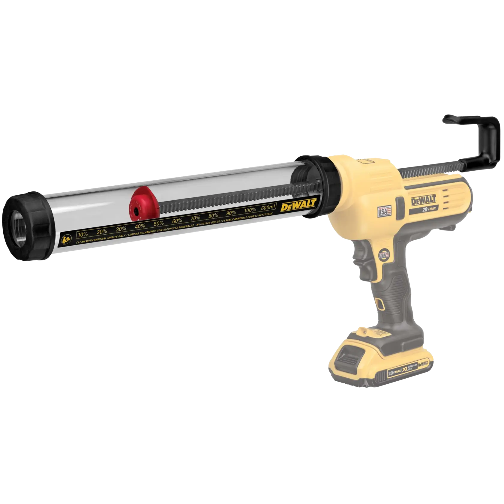 Photo of DEWALT caulking gun clear tube, yellow, SKUs DCE5801-XJ, DCE5801, side view, power tool accessory.