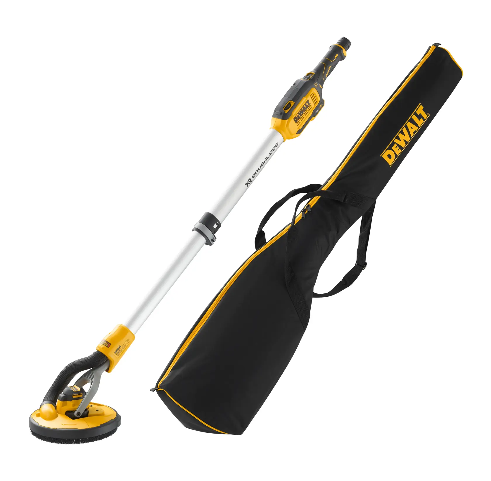DEWALT drywall sander with a long handle and black carrying case, shown against a white background.