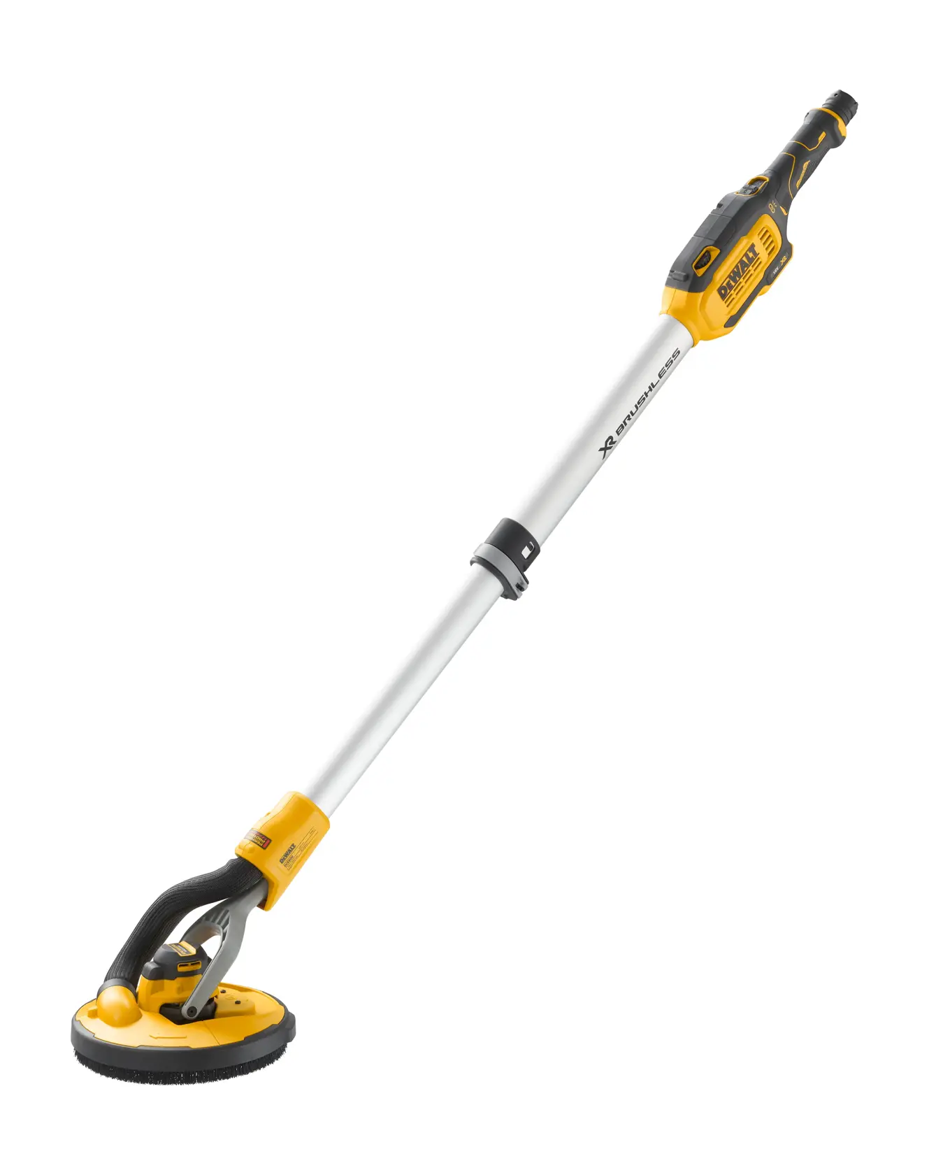 DEWALT kabelloser Trockenbauschleifer mit langem Griff und Rundkopf, vor weißem Hintergrund gezeigt.