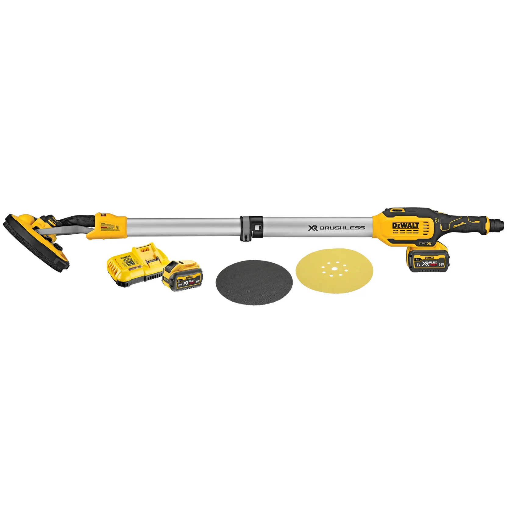 DEWALT cordless drywall sander with two batteries, charger, and sanding discs shown.