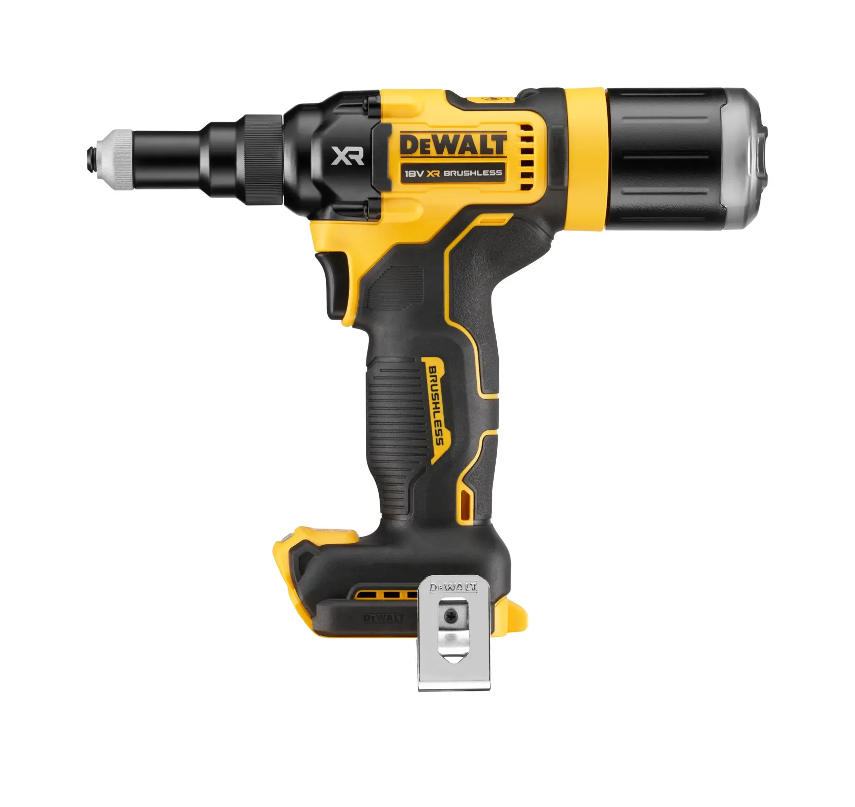 DEWALT DCF403NT 18V XR brushless impact driver, yellow and black, side view on white background.
