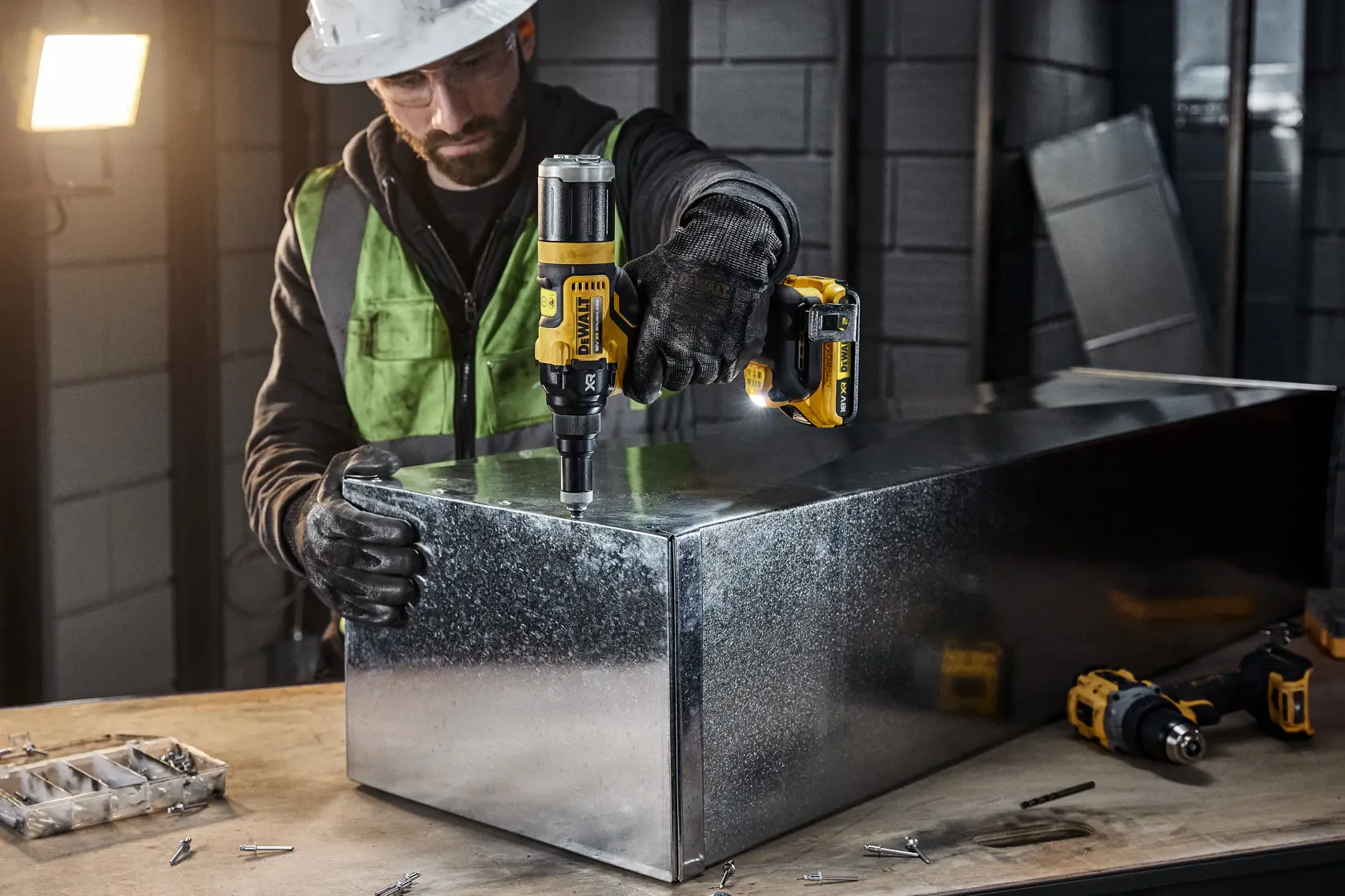 A person wearing safety gear uses a DEWALT DCF403NT cordless power tool to work on a metal box in an industrial workshop. Various screws and tools are visible on the workbench.