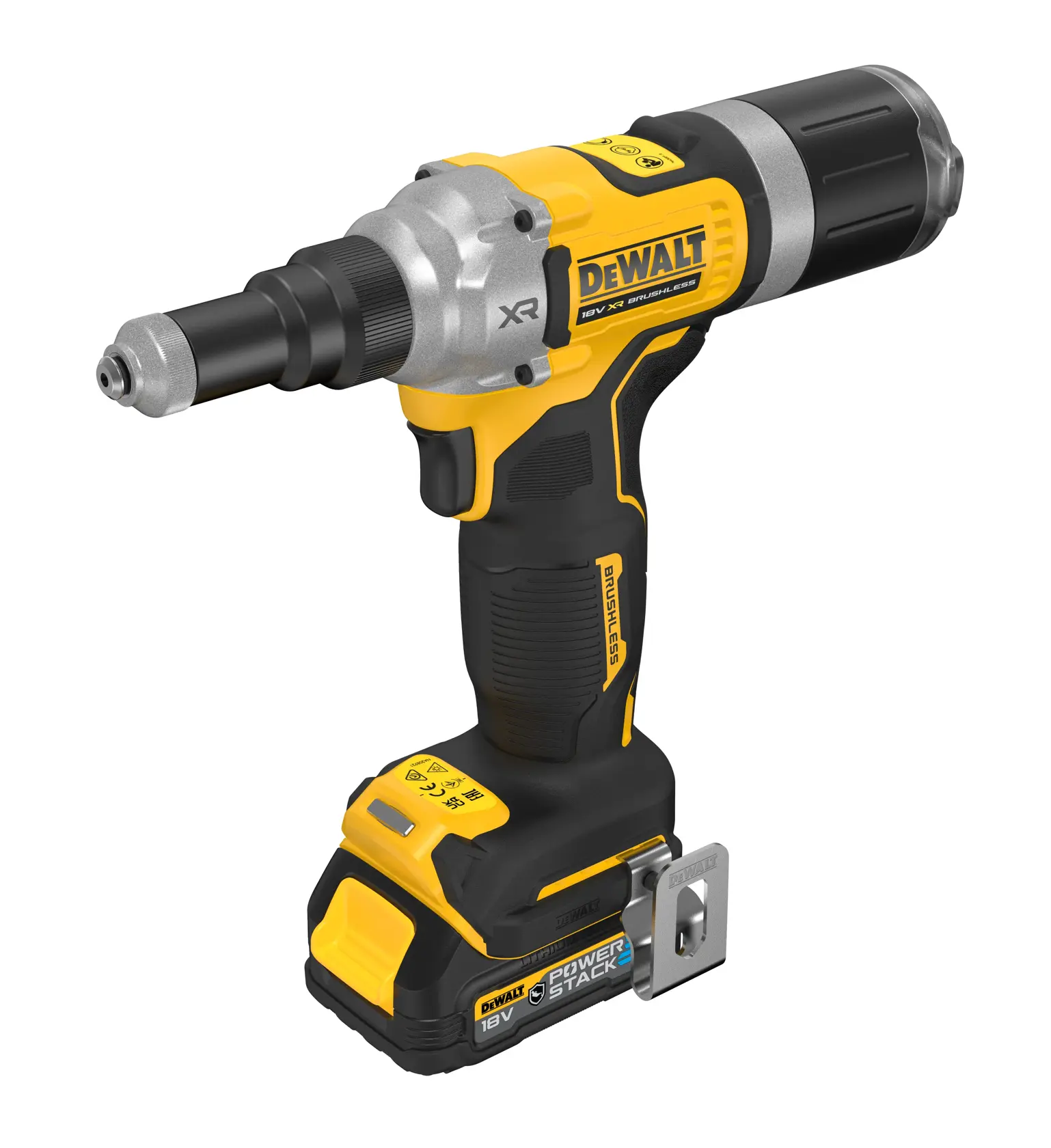 DEWALT cordless yellow and black rivet tool with 18V battery, ergonomic grip, and metal belt clip.