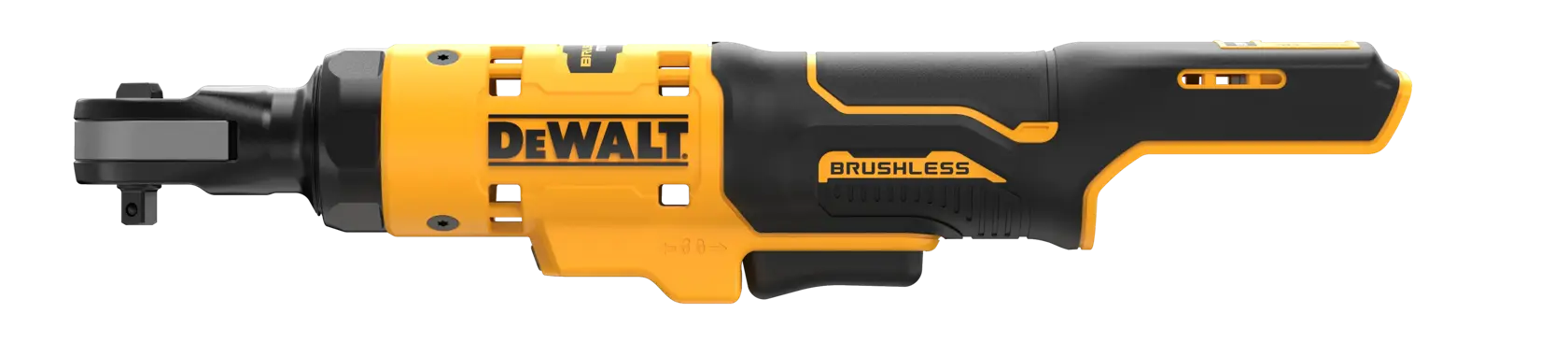 DEWALT kabelloses, bürstenloses Ratschentool mit ergonomischem Schwarz-Gelb-Design auf weißem Hintergrund.