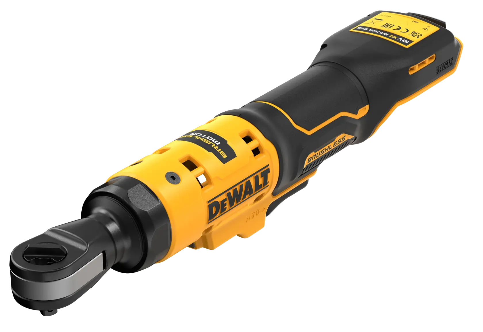 DEWALT Akku-Ratschenschlüssel DCF503N mit bürstenlosem Motor, in Gelb und Schwarz gezeigt.