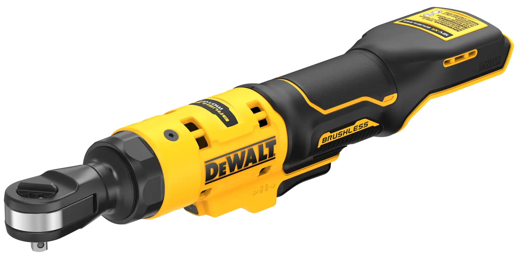 Llave de carraca inalámbrica sin escobillas DEWALT, modelo DCF504N, con un diseño amarillo y negro.