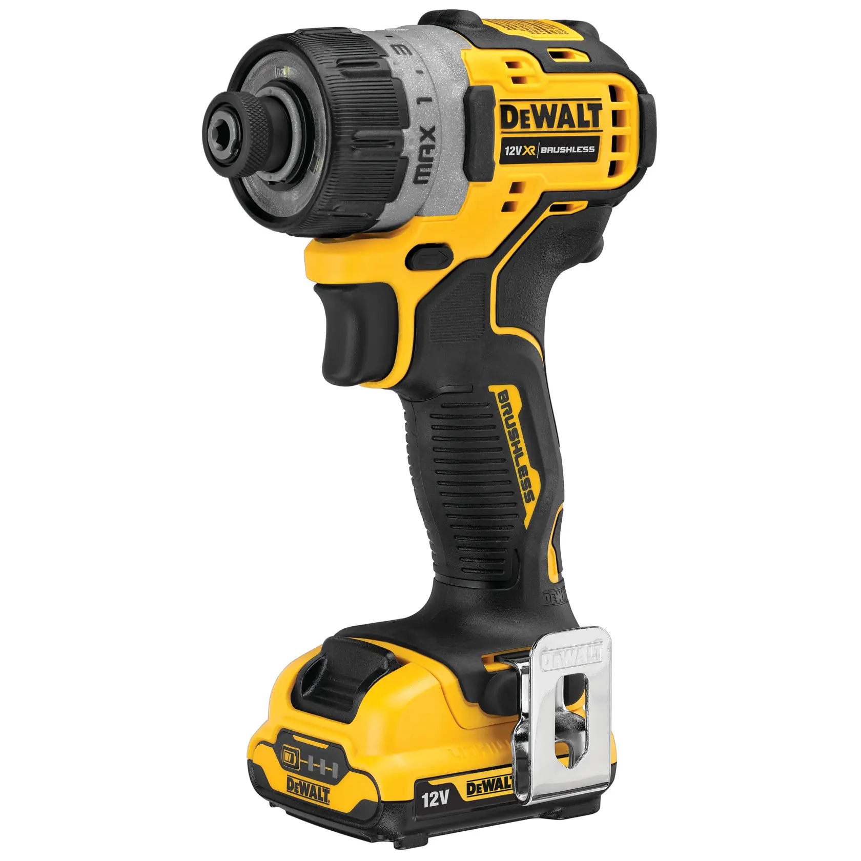 Destornillador inalámbrico DEWALT DCF601D2 12V, amarillo y negro, mostrado de pie.