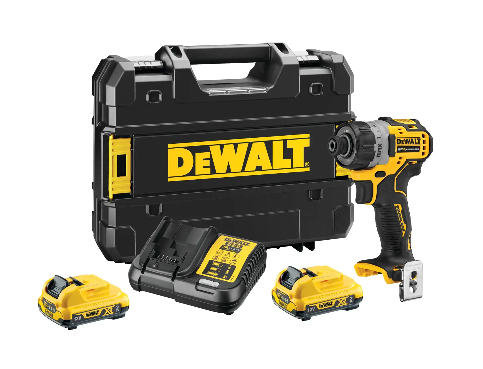 A DEWALT cordless power tool kit is shown, including a black and yellow DEWALT branded carrying case, a compact cordless screwdriver, two batteries, and a battery charger, all arranged on a white background.