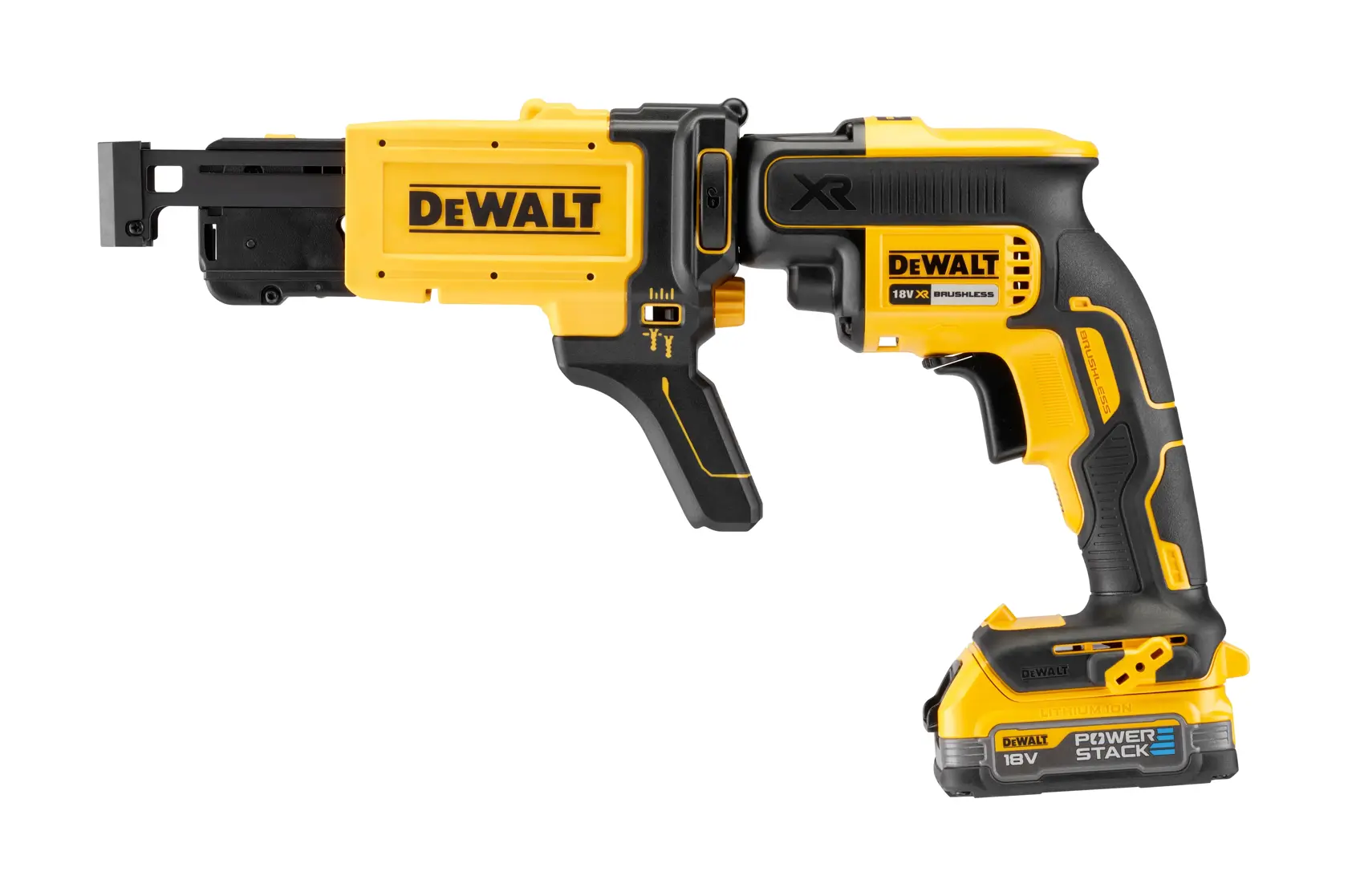 A yellow and black DEWALT 18V XR cordless drywall screw gun with PowerStack battery pack, shown from the side on a white background.