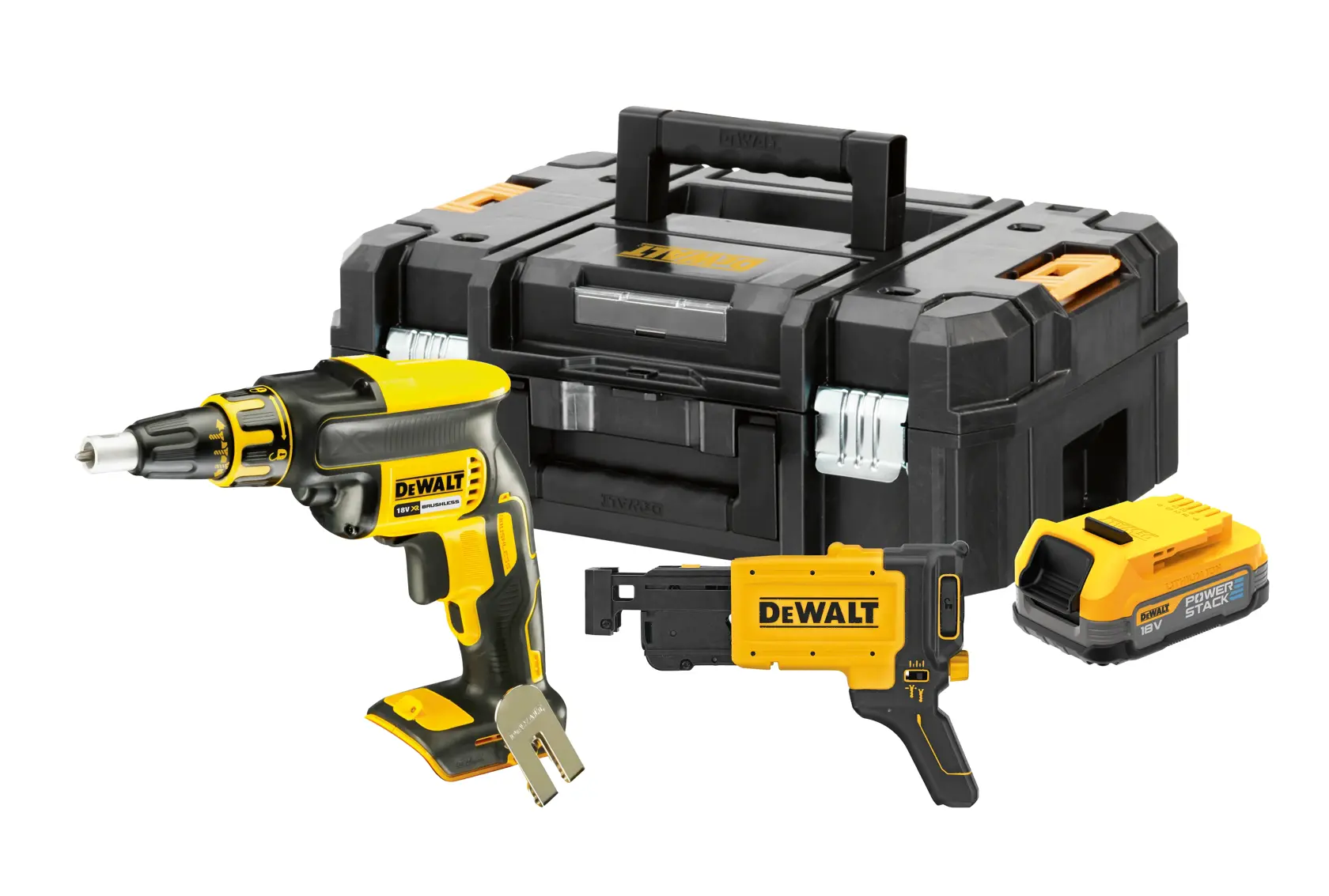A DEWALT cordless drywall screwdriver set, including a yellow and black power screwdriver, an attachment, a battery pack, and a black and yellow carrying case.