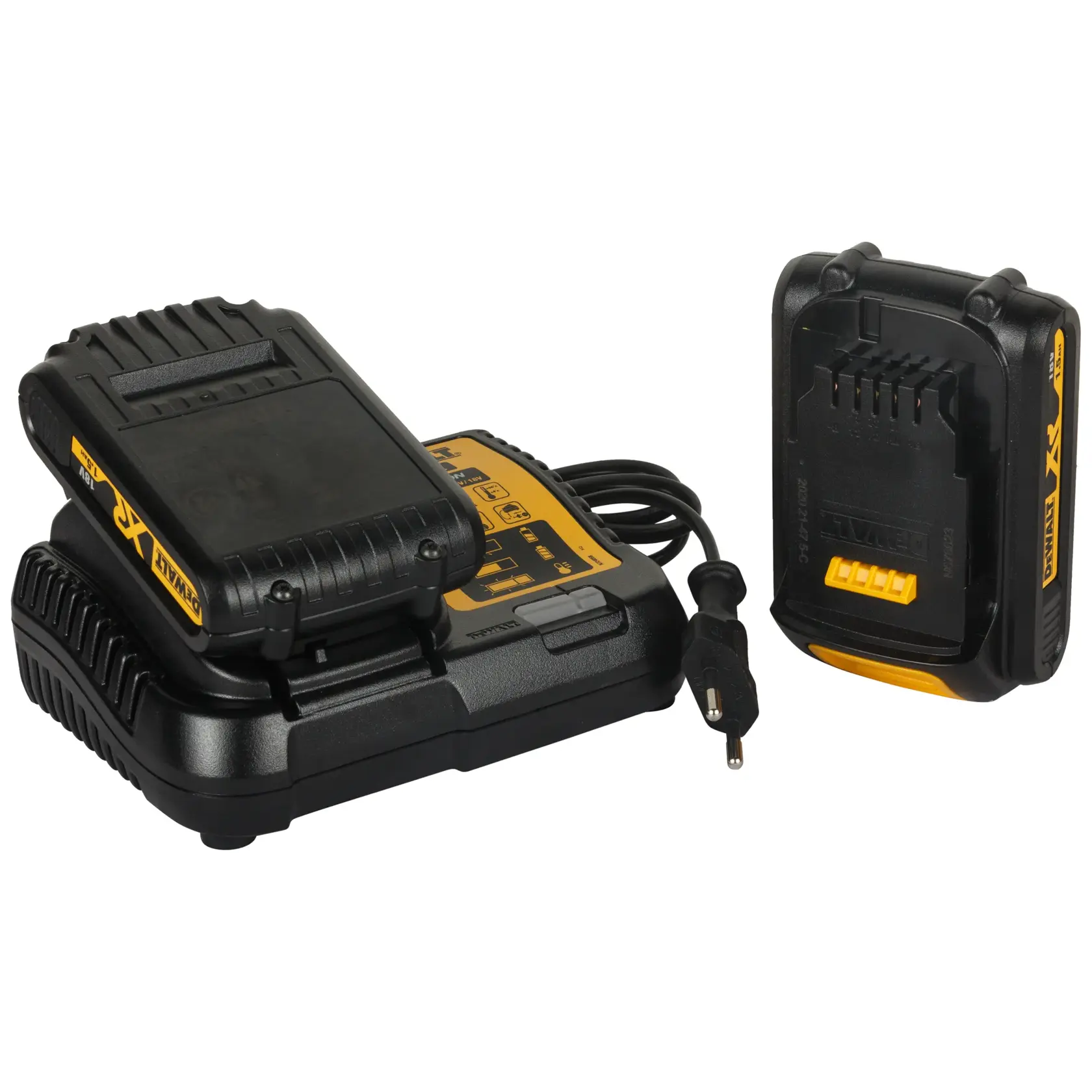 Cargador y batería DEWALT negro y amarillo, con cable de alimentación. Para herramientas eléctricas.