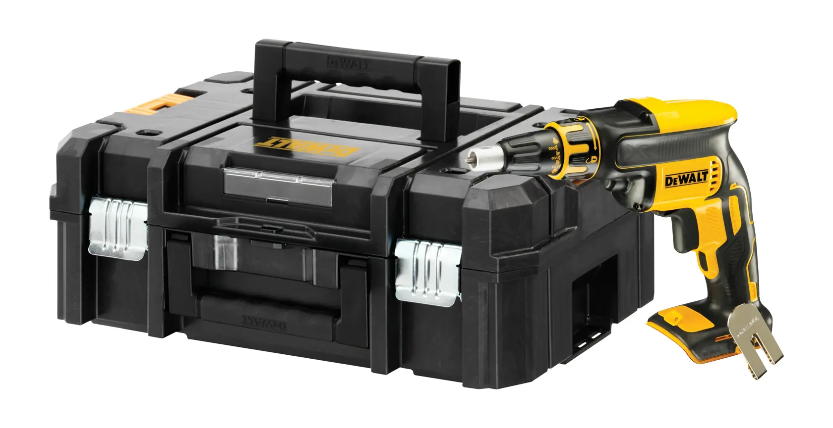 DEWALT DCF620NT-XJ cordless screwdriver, black and yellow, with metal clip, 18V brushless, side view.