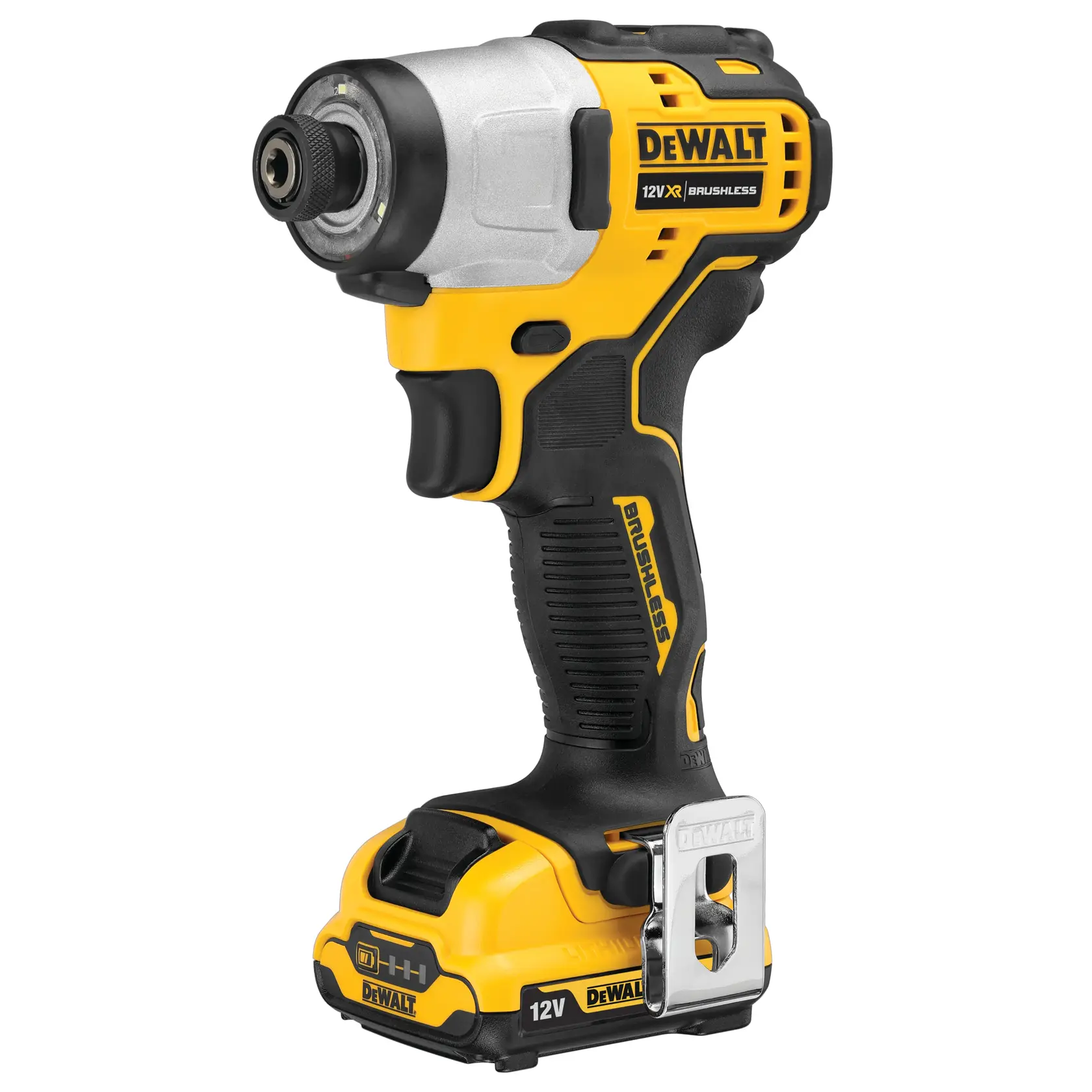 DEWALT DCF801D2 12V atornillador de impacto inalámbrico amarillo y negro sobre fondo blanco.