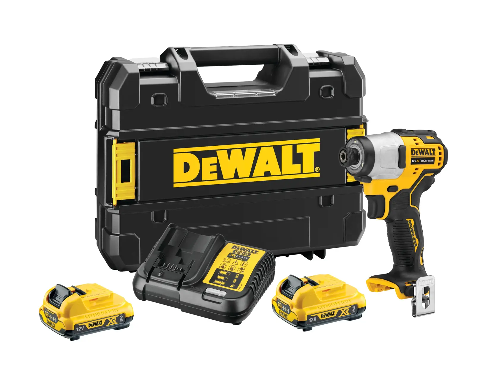 DEWALT cordless impact driver set with batteries, charger, and carrying case.