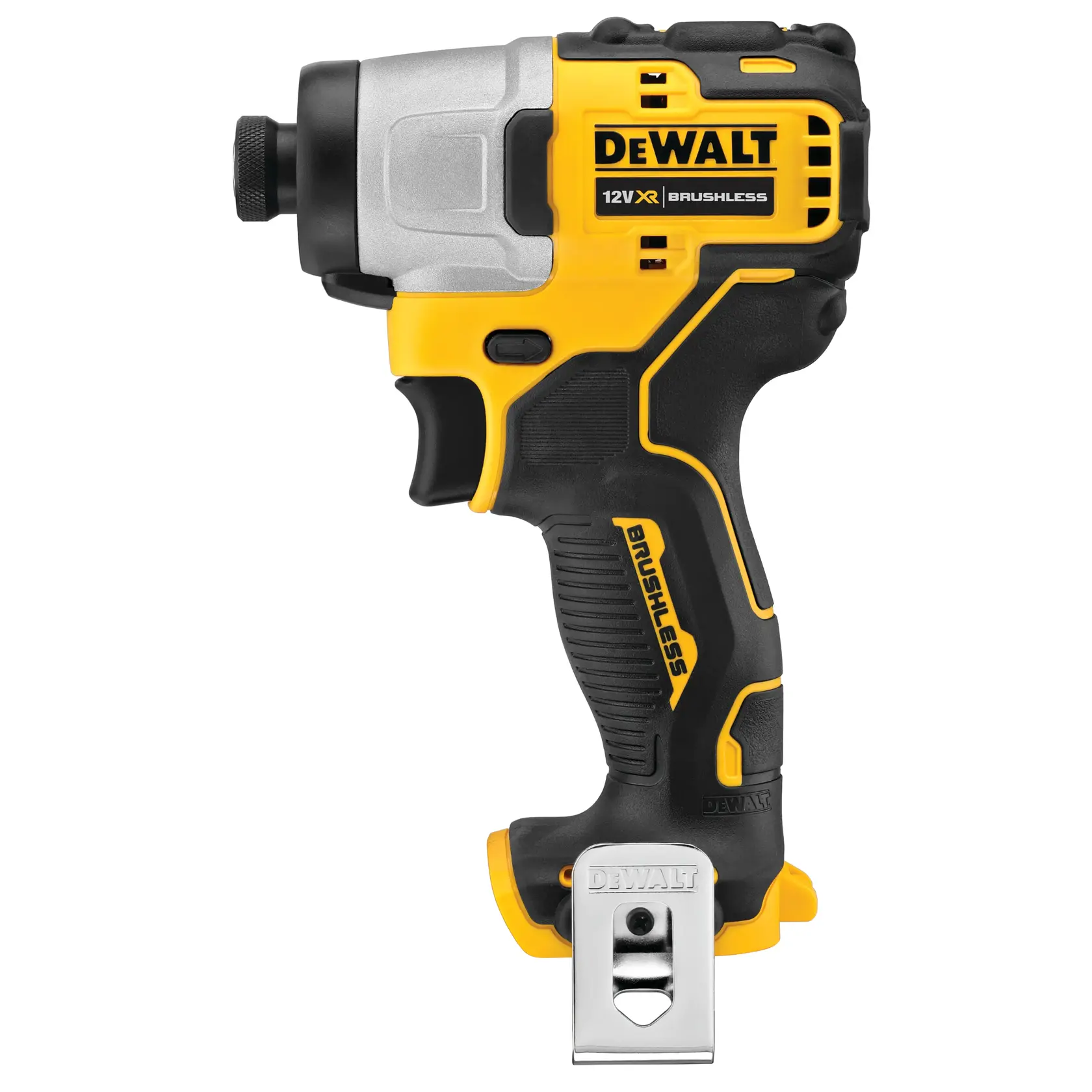 DEWALT brushless tool for photography, shows DCK2111L2T-XE, DCF801N. Yellow and black compact power tool.