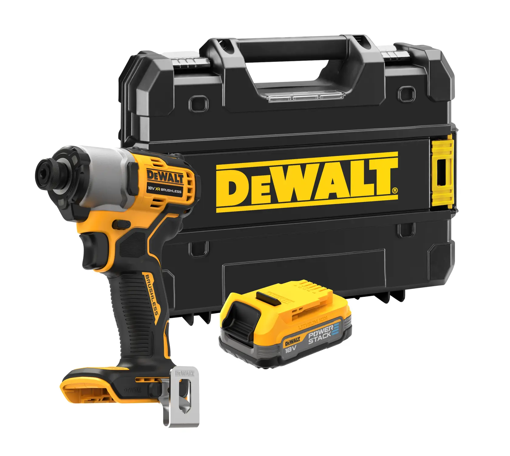 DEWALT cordless impact driver set, including a yellow and black 18V XR brushless impact driver, a battery pack, and a black carrying case with a large DEWALT logo.