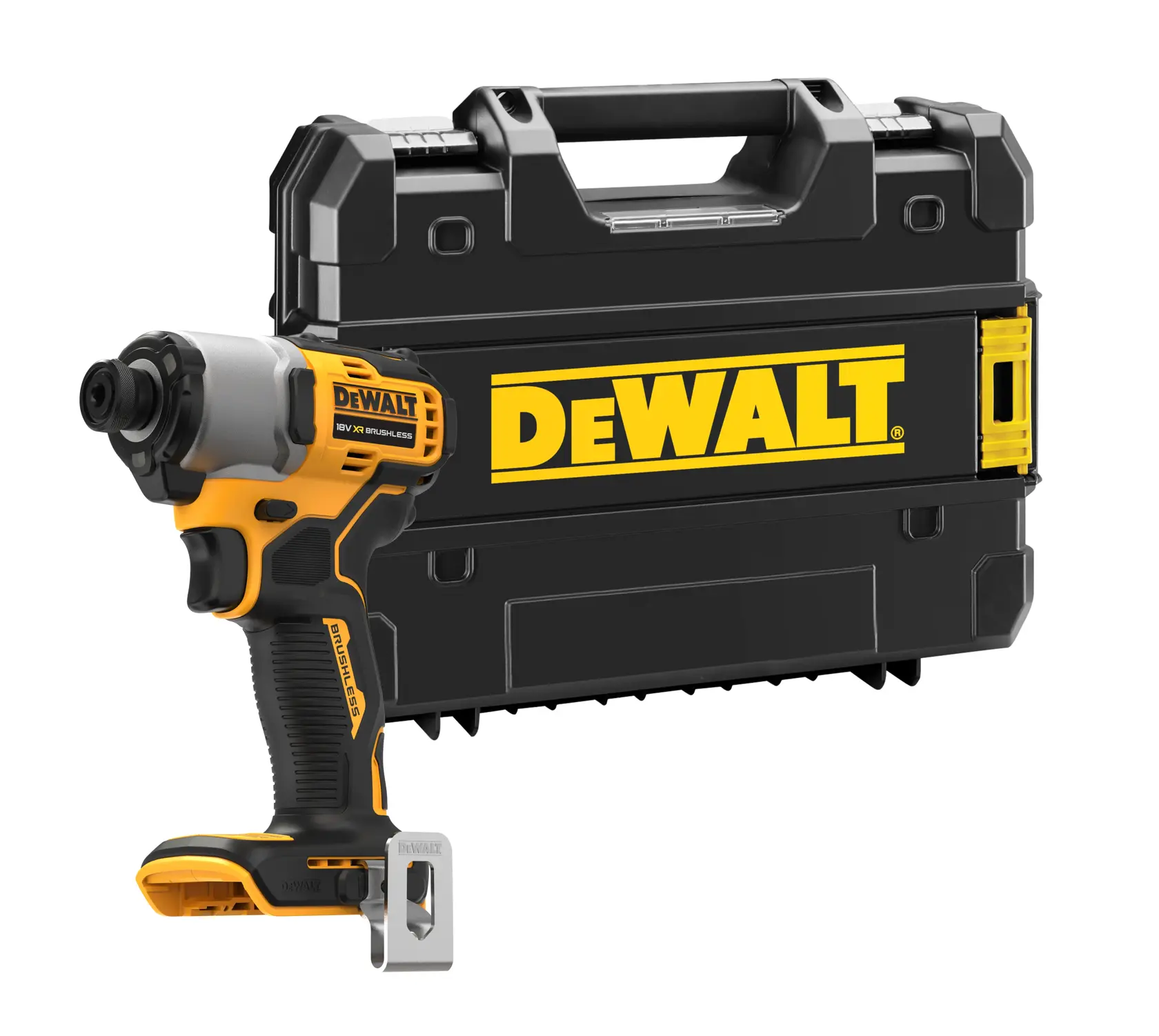 DEWALT cordless impact driver with black and yellow design, shown with a matching hard plastic carrying case featuring the DEWALT logo.