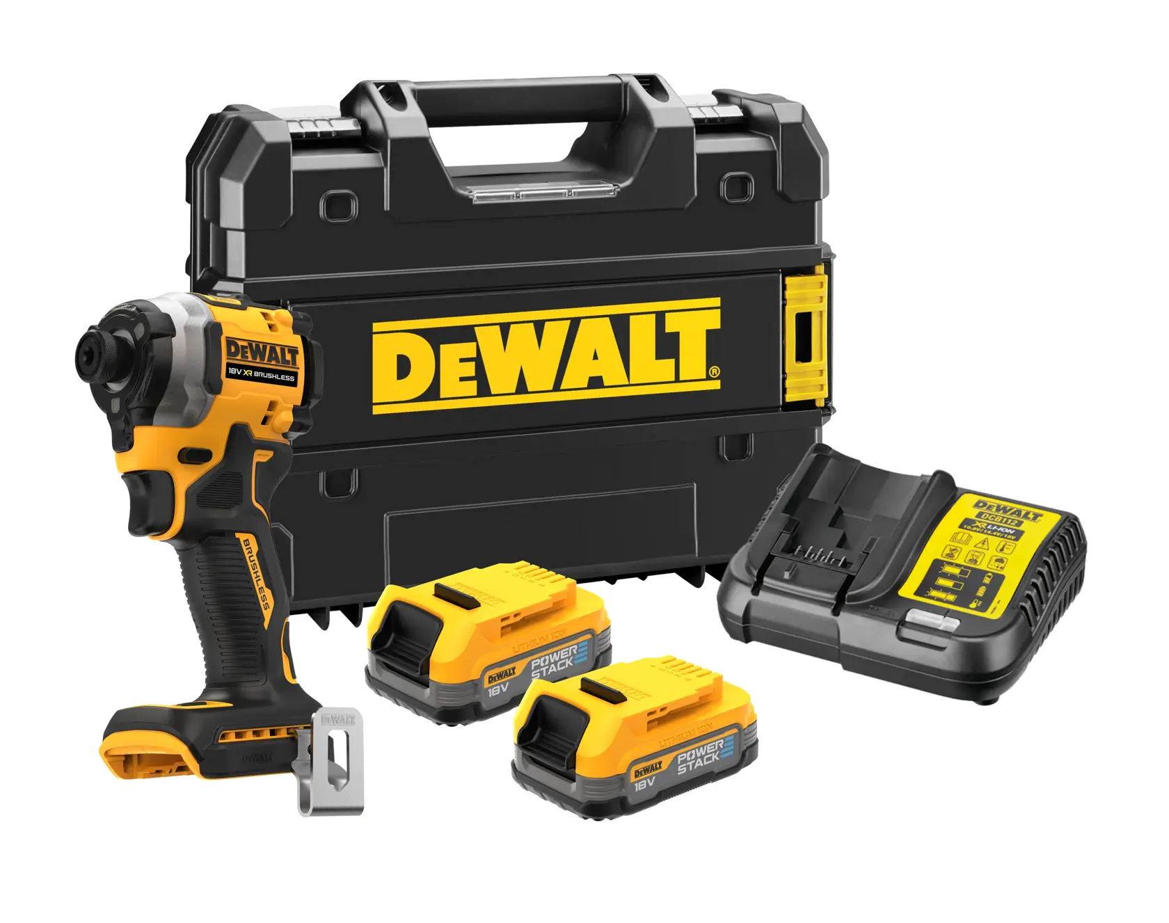 DEWALT cordless impact driver kit with case, two batteries, and charger displayed on white background.