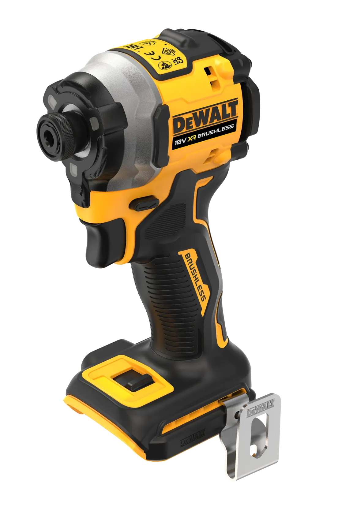 DEWALT 18V XR destornillador de impacto brushless, sin batería, diseño negro y amarillo con clip metálico.