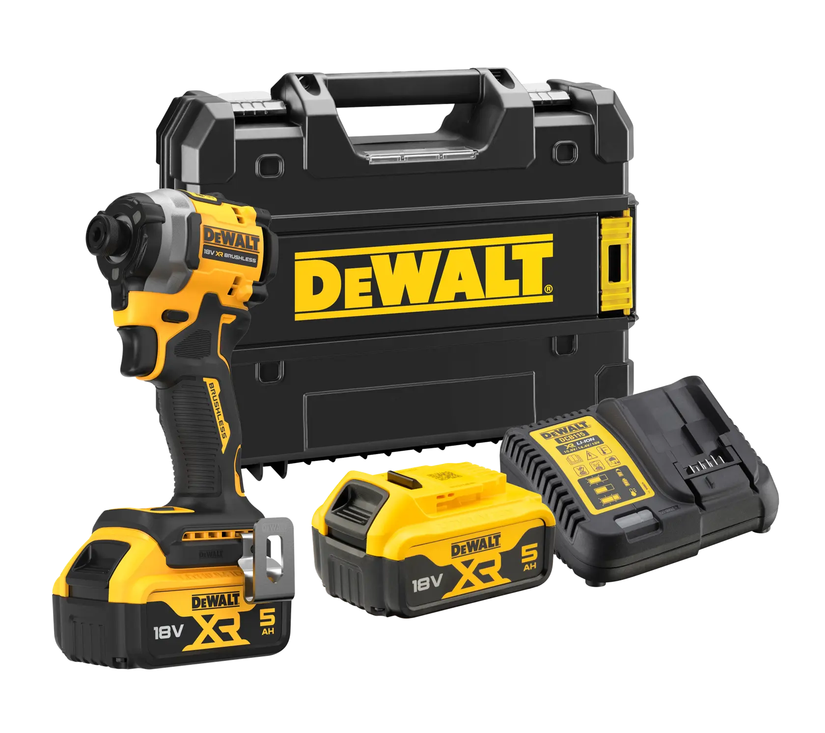 Kit DEWALT 18V XR avec visseuse, deux batteries, chargeur et mallette de transport.