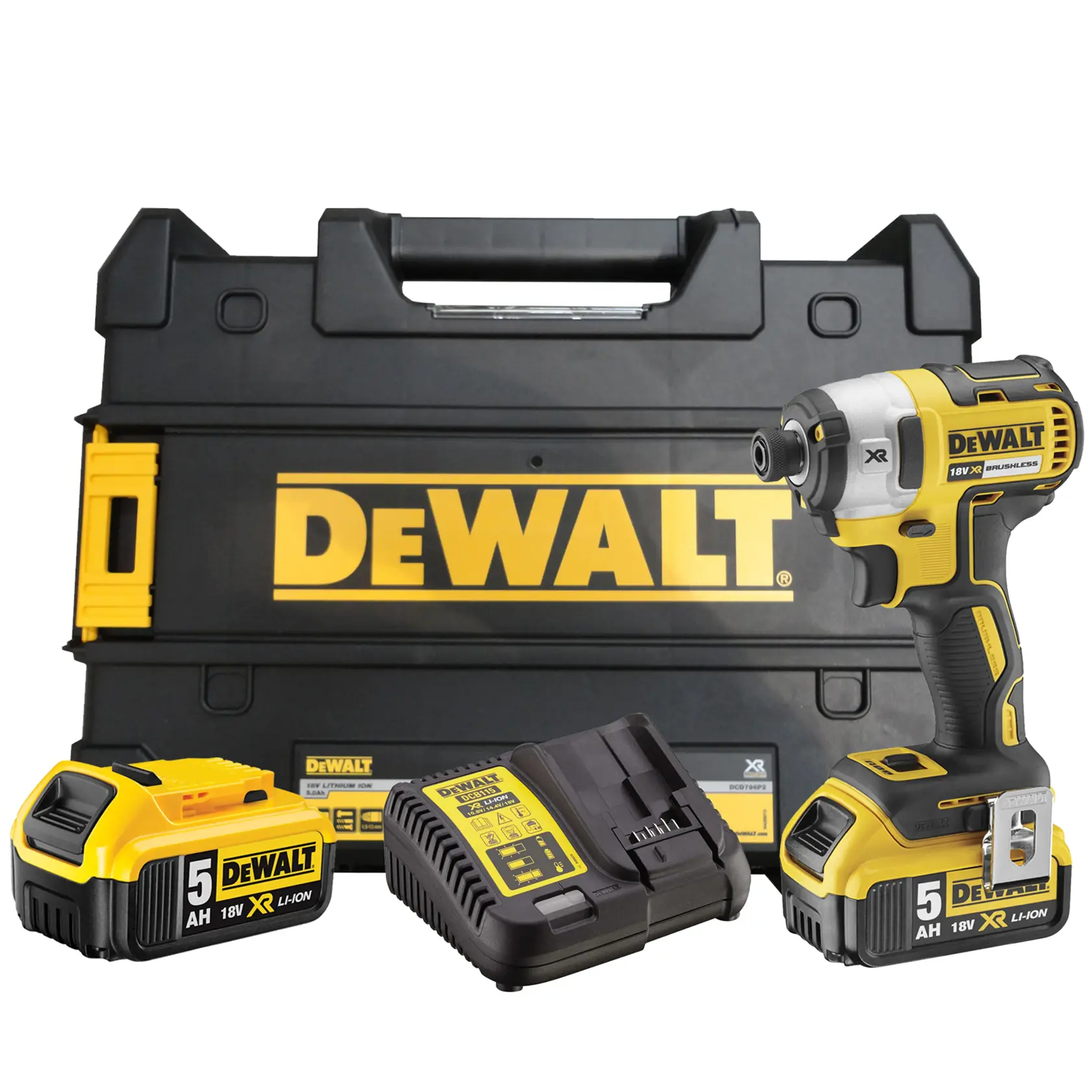 DEWALT cordless impact driver kit with case, 18V batteries and charger shown.