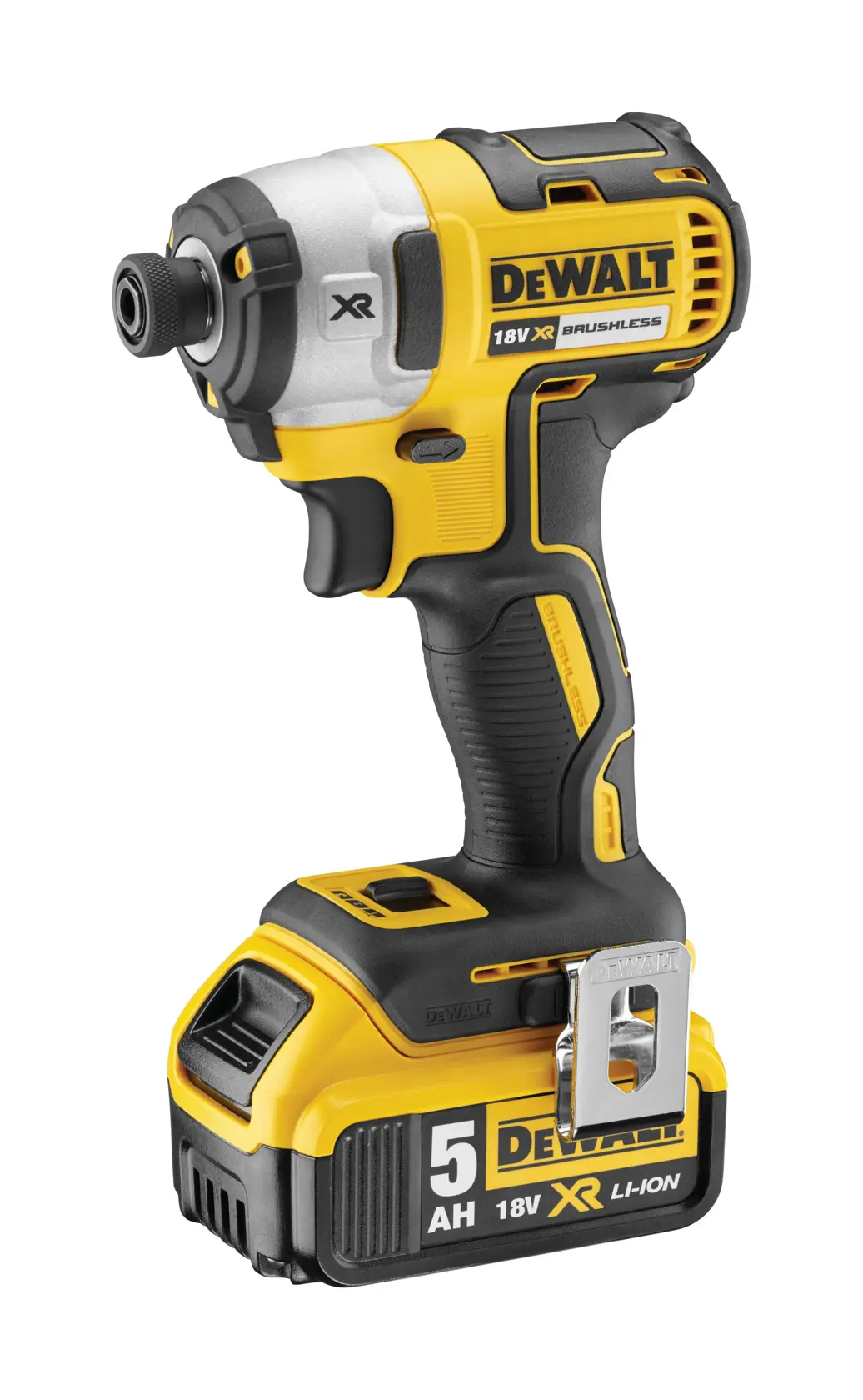 DEWALT 18V XR cordless impact driver with 5Ah lithium-ion battery, yellow and black design.
