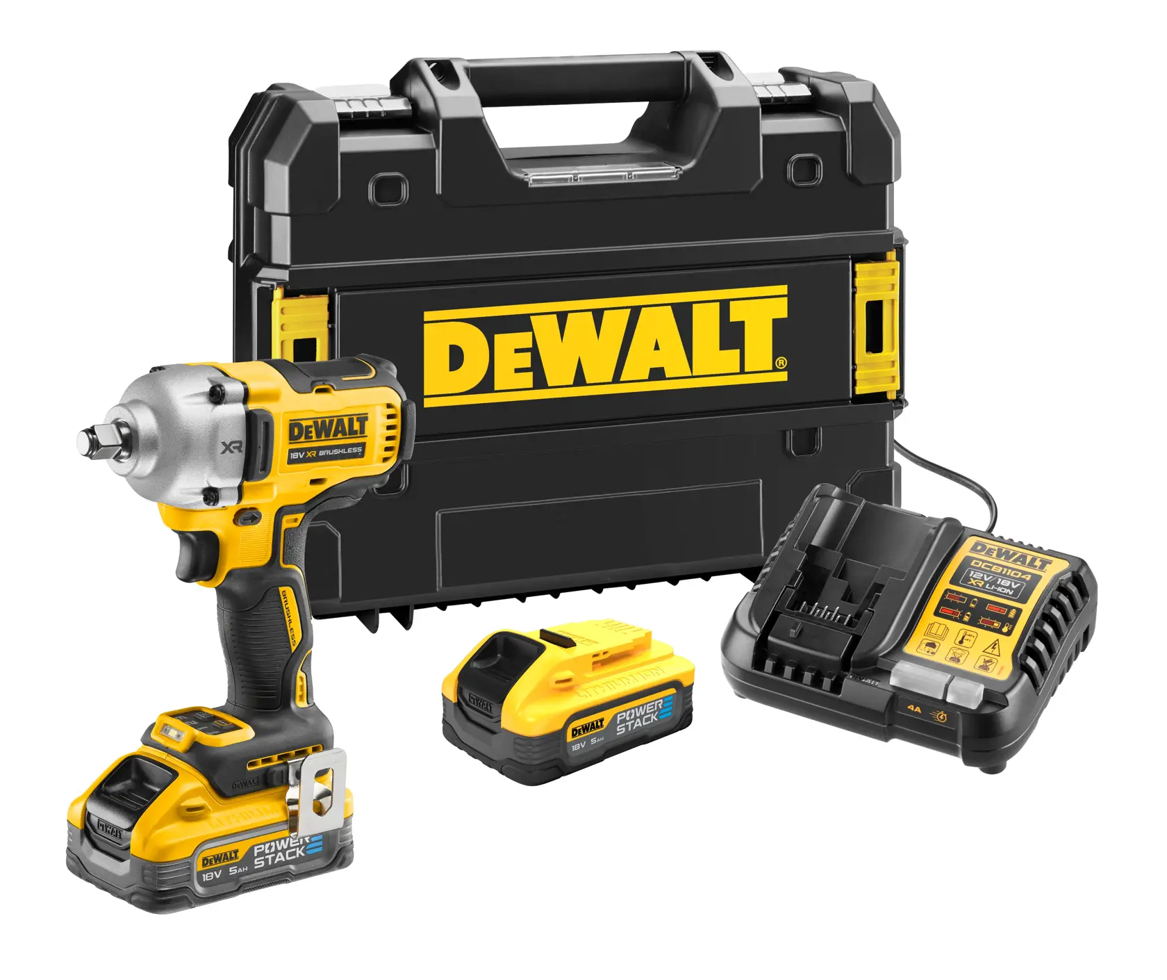 Un kit de clé à chocs sans fil DEWALT comprenant l'outil clé à chocs, une mallette de transport, deux batteries POWERSTACK 18V et un chargeur de batterie, tous présentés ensemble sur un fond blanc.