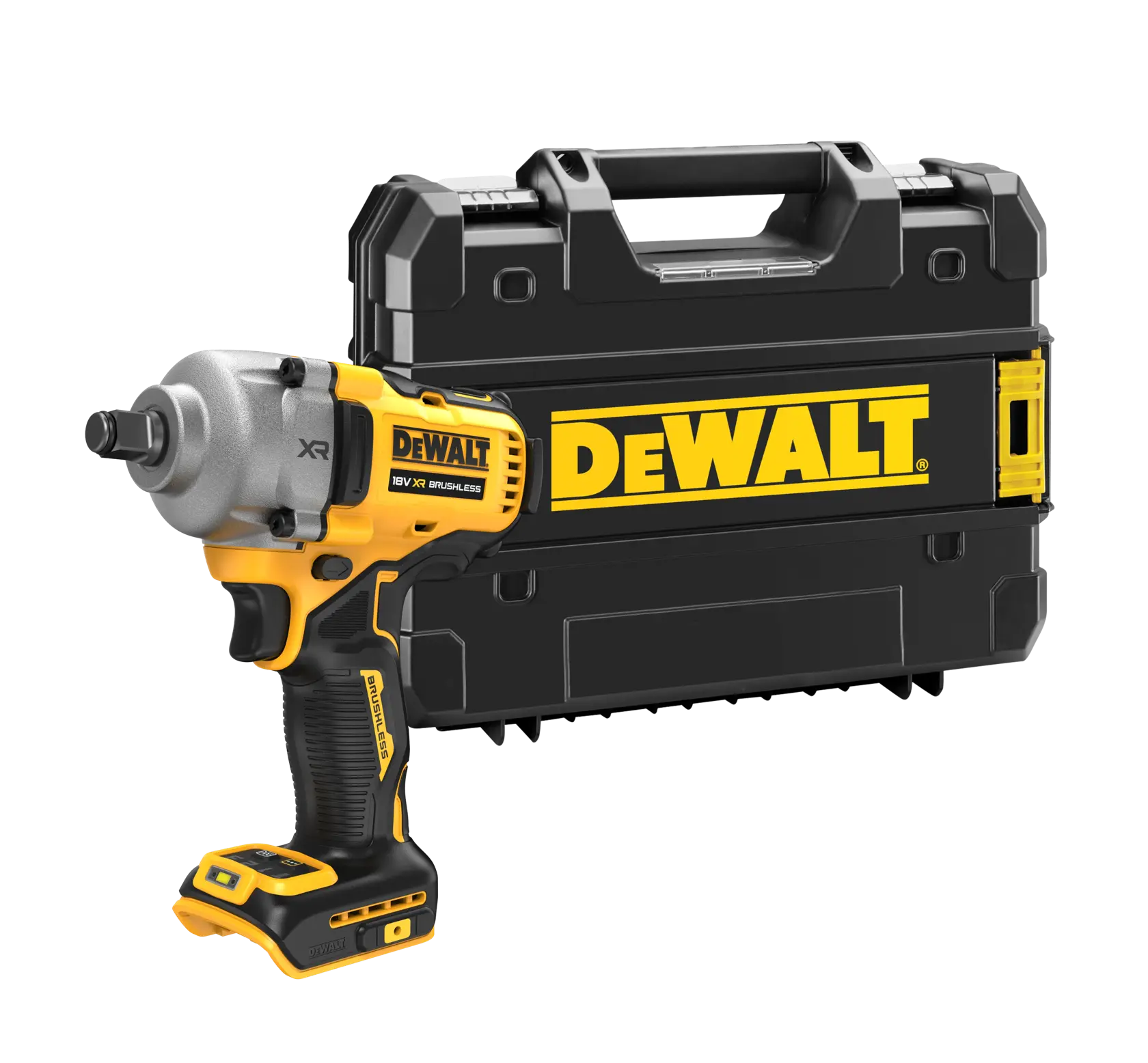 DEWALT cordless impact wrench with carrying case shown, featuring 18V XR brushless technology.