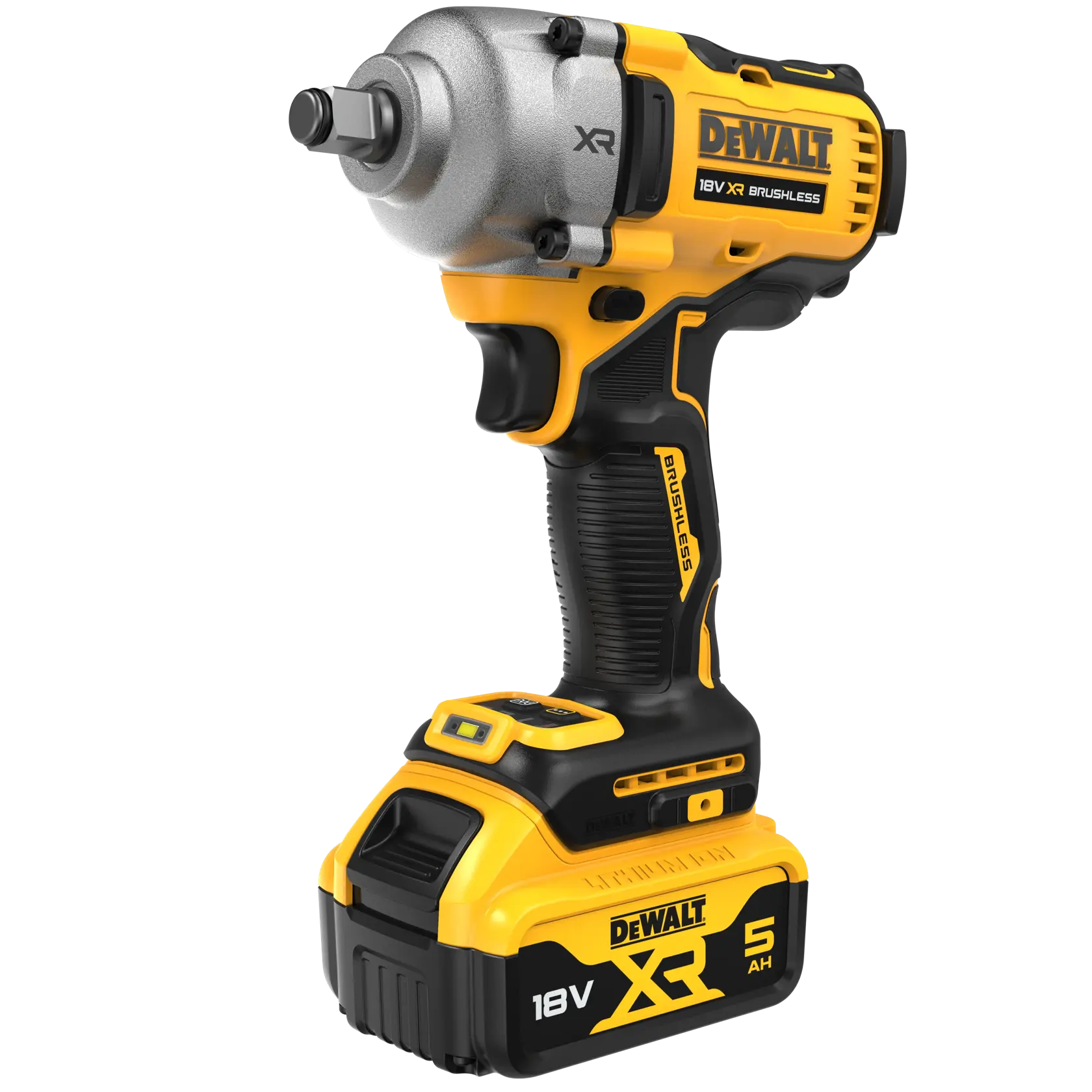 DEWALT 18V XR cordless impact wrench with 5Ah battery, black and yellow, brushless design.