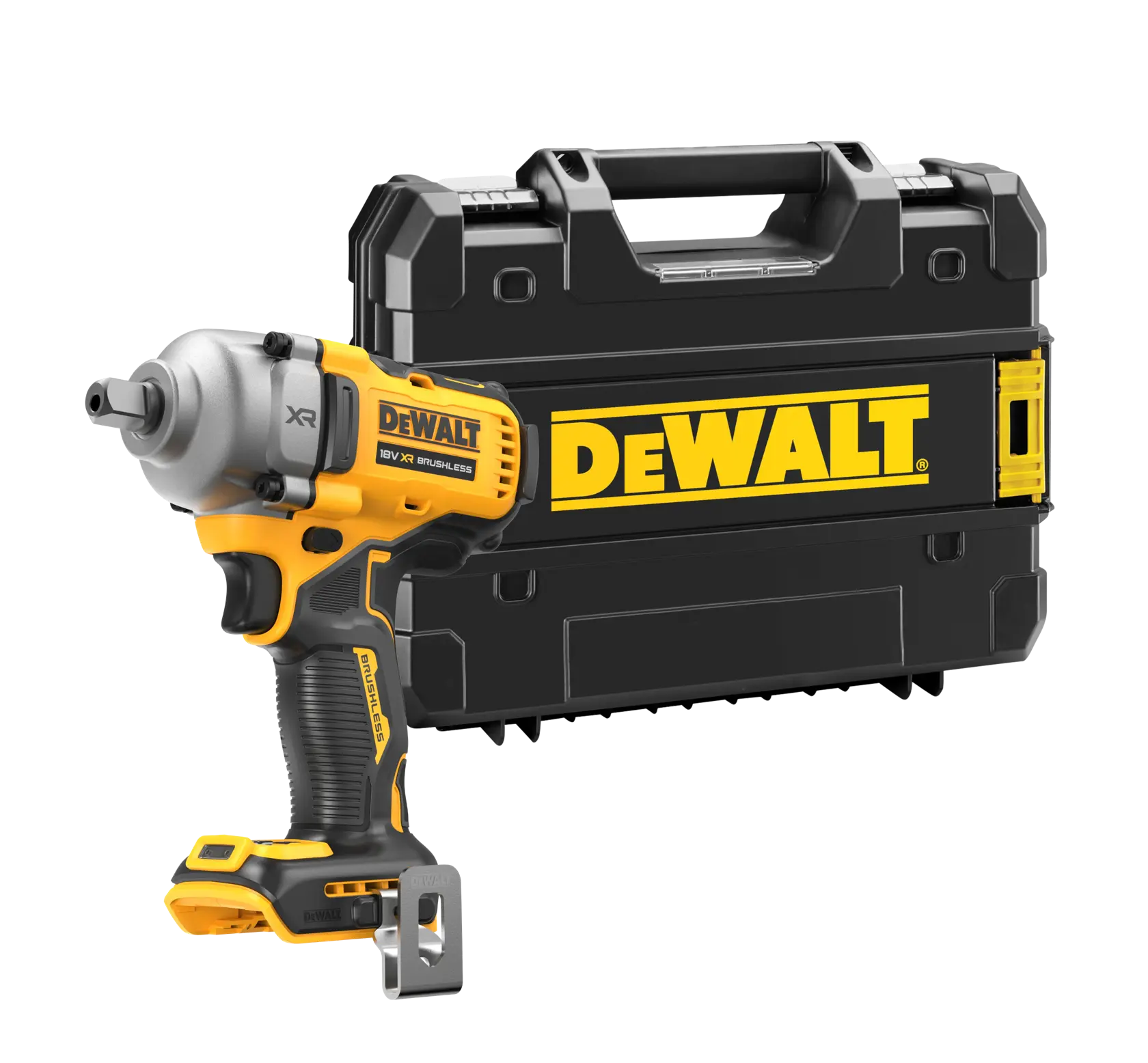 DEWALT 18V XR brushless impact wrench with black case shown on a white background.
