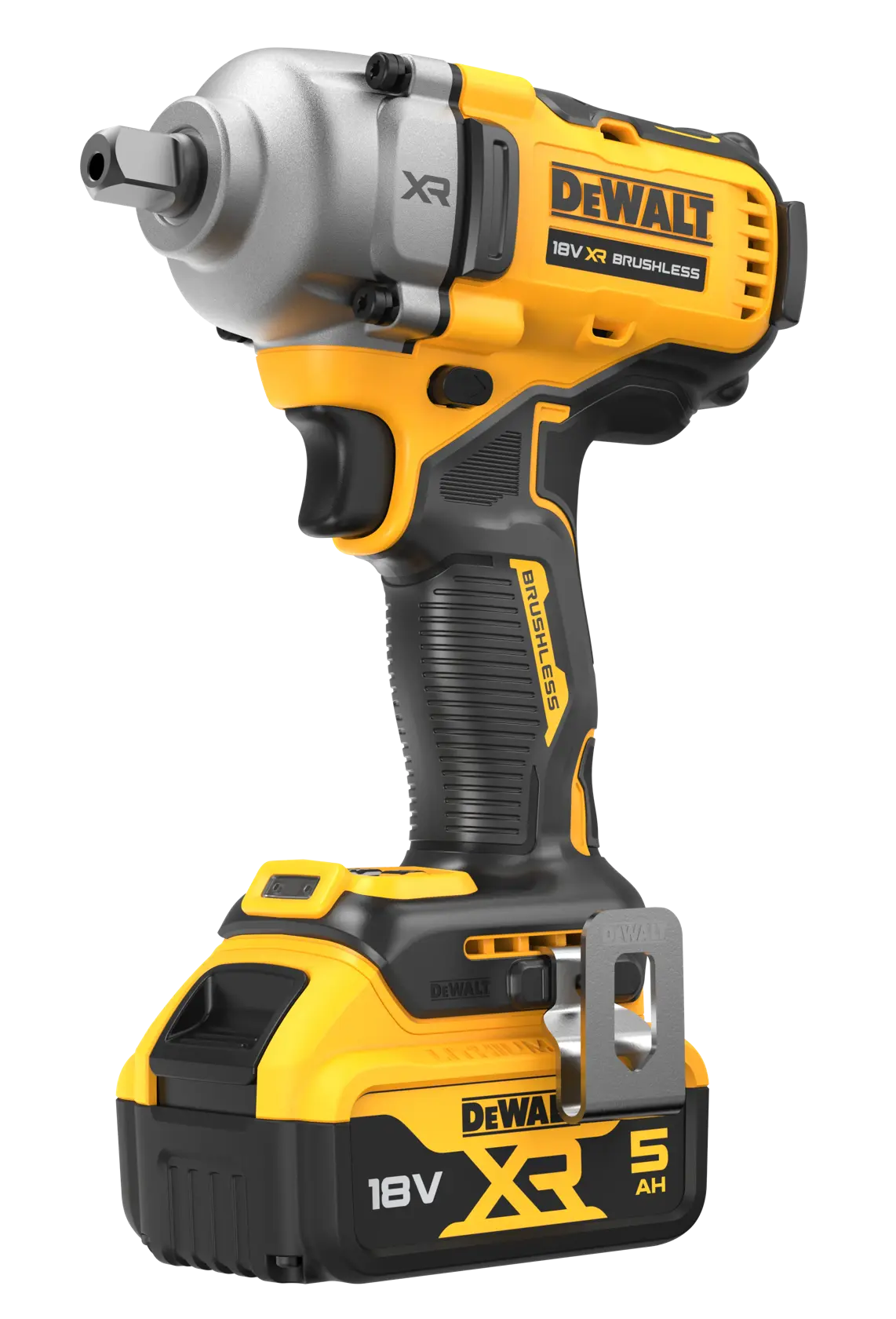 Clé à chocs sans fil DEWALT 18V XR avec moteur sans balais et batterie 5Ah, en noir et jaune.